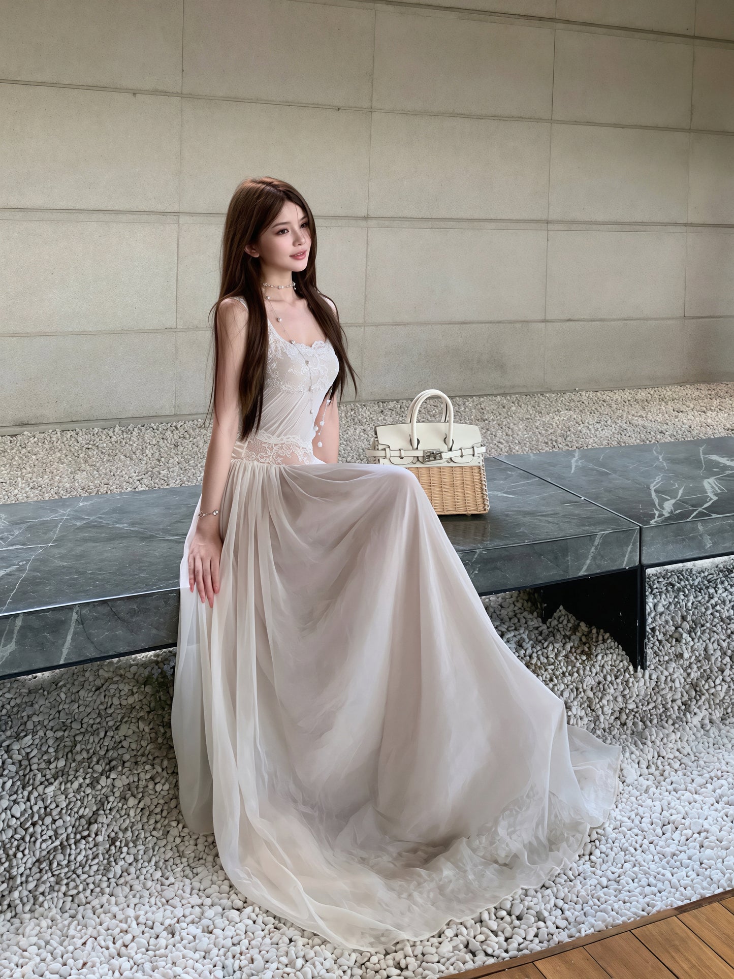 【dress】レースドッキングチュールロングワンピース Q8854