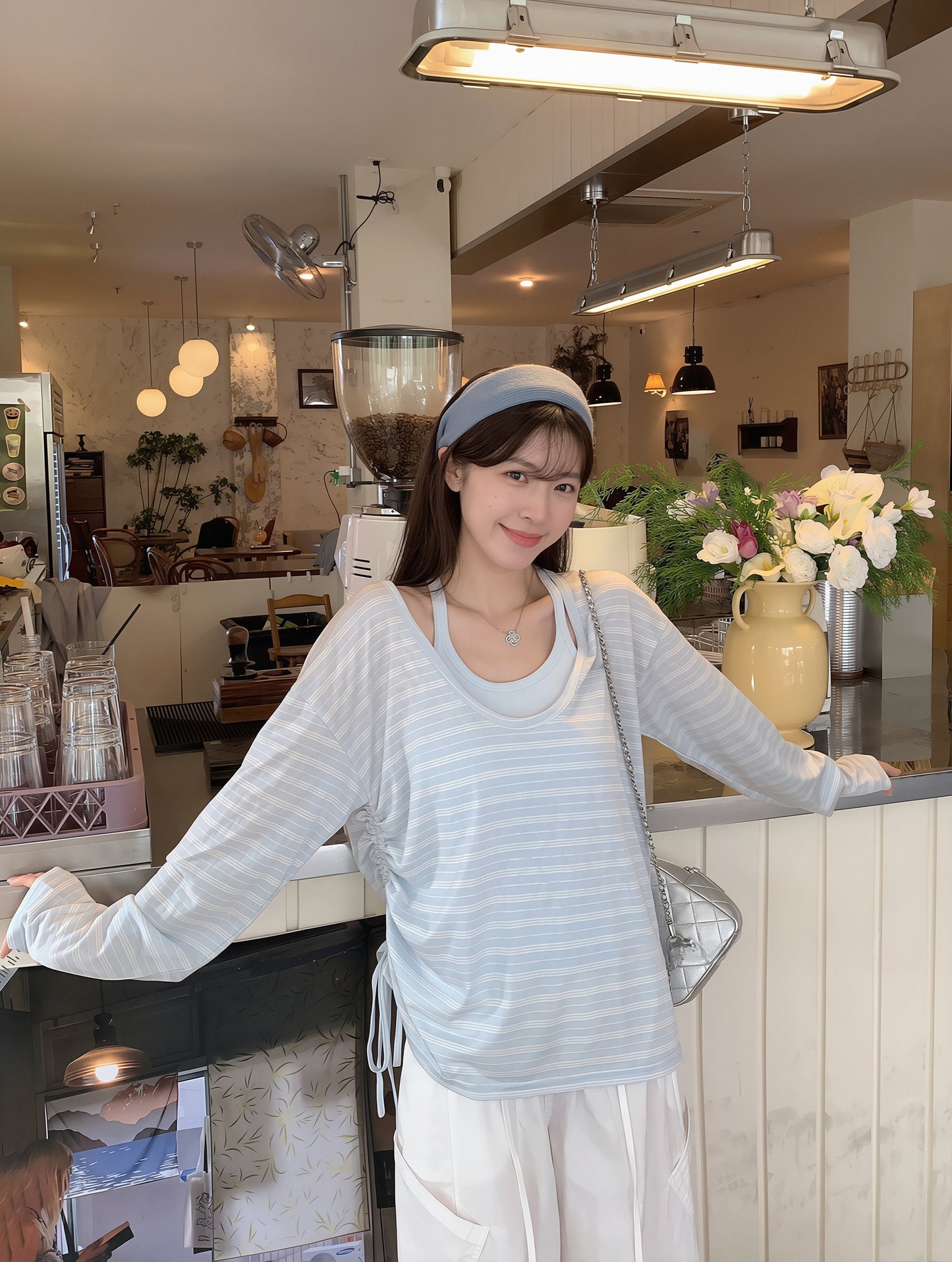 【set】ボーダー柄トップス×キャミソールセット Q8862