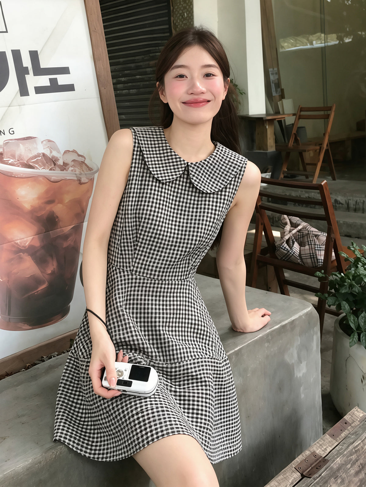 【dress】ピーターパンカラーノースリーブAラインワンピース Q8828