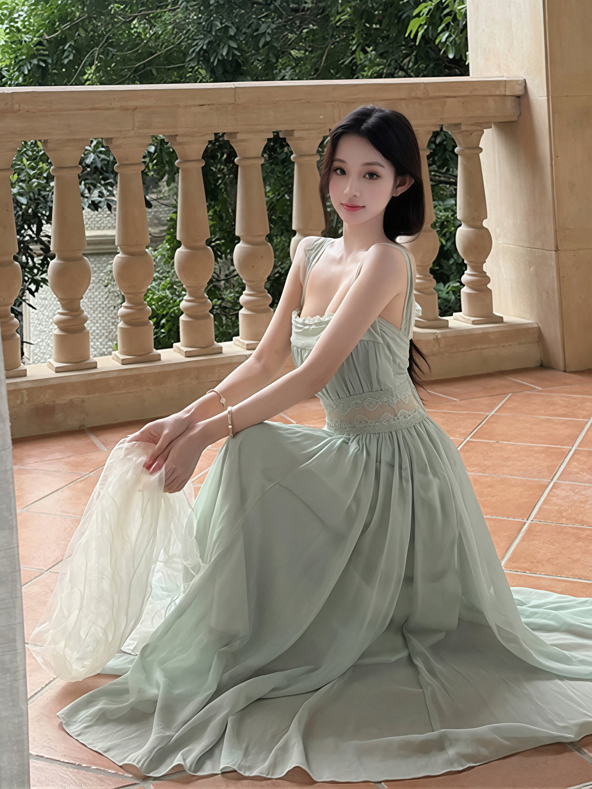 【dress】レースドッキングロングキャミワンピース Q8835