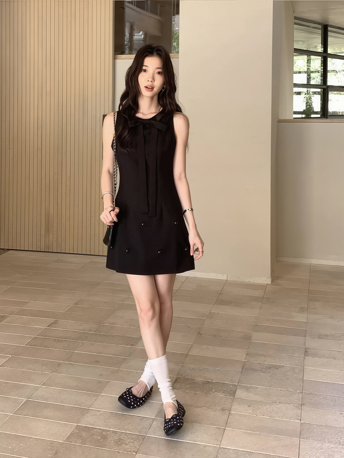 【dress】リボン付きノースリーブワンピース Q8774