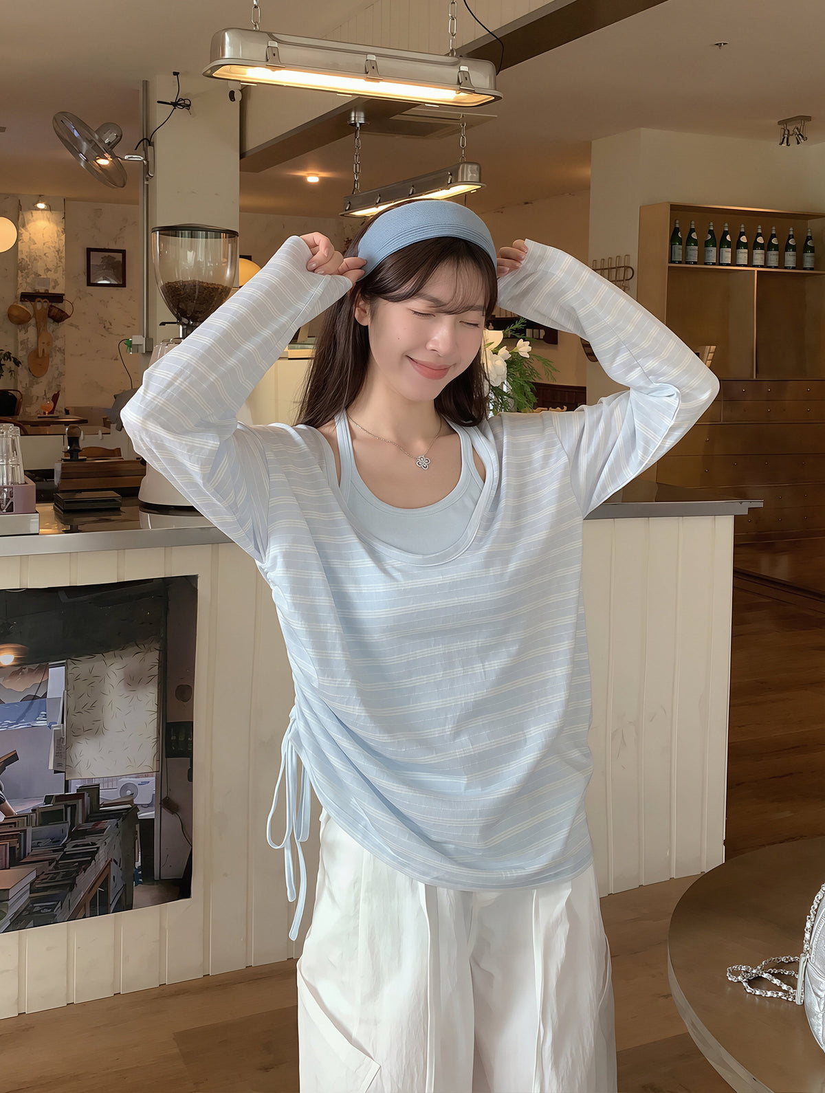 【set】ボーダー柄トップス×キャミソールセット Q8862