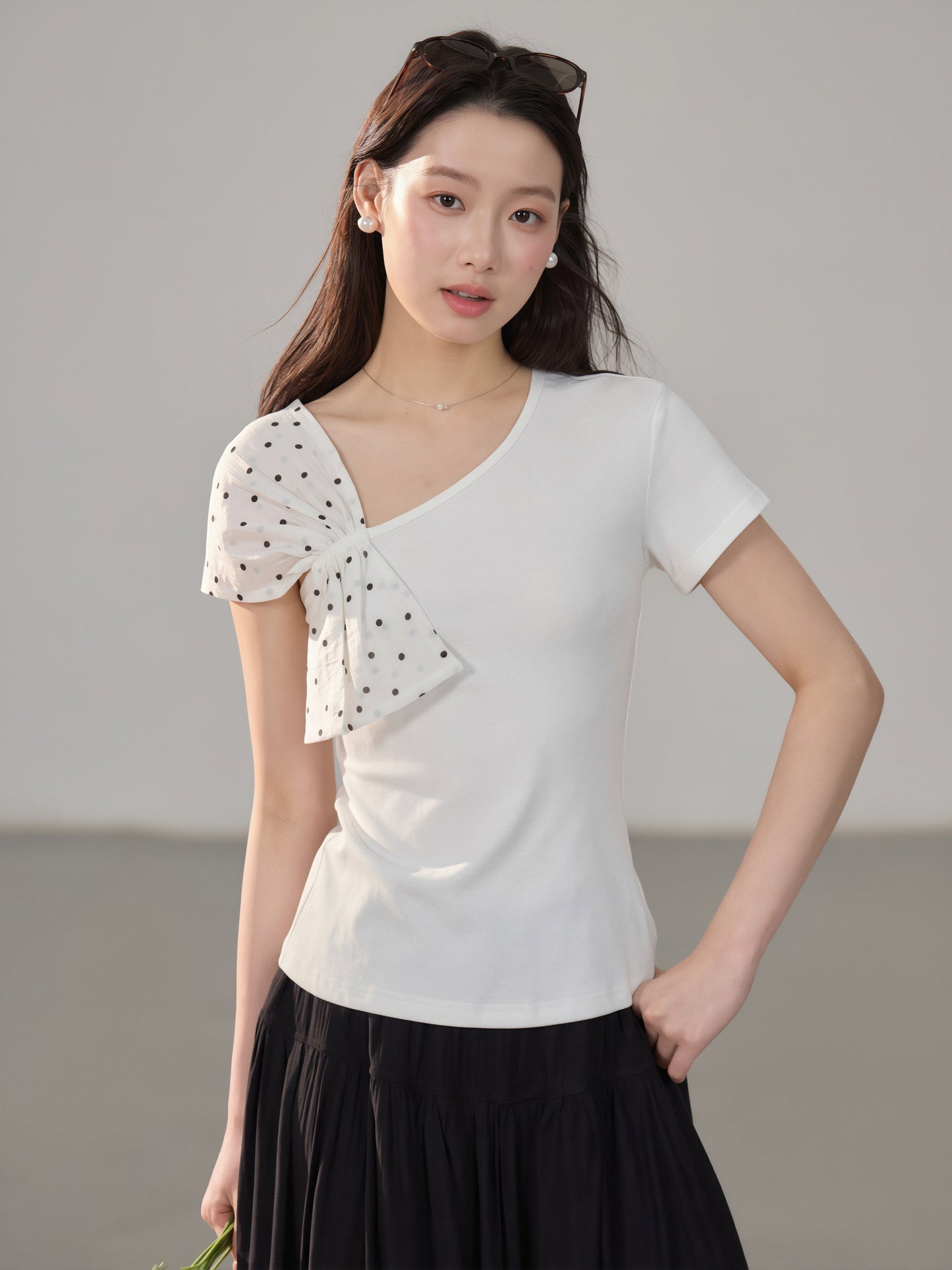 【tops】ドット柄ドッキングトップス Q8809