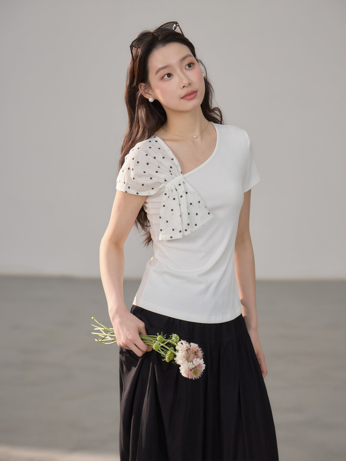 【tops】ドット柄ドッキングトップス Q8809