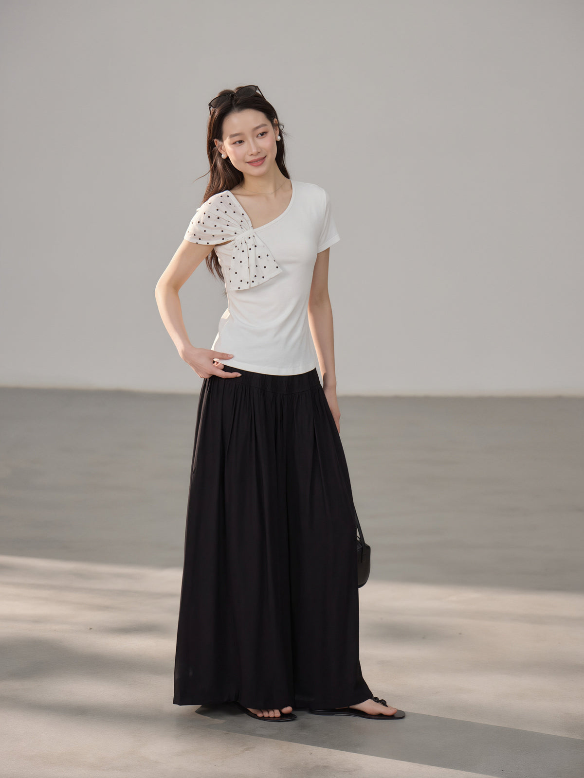 【tops】ドット柄ドッキングトップス Q8809