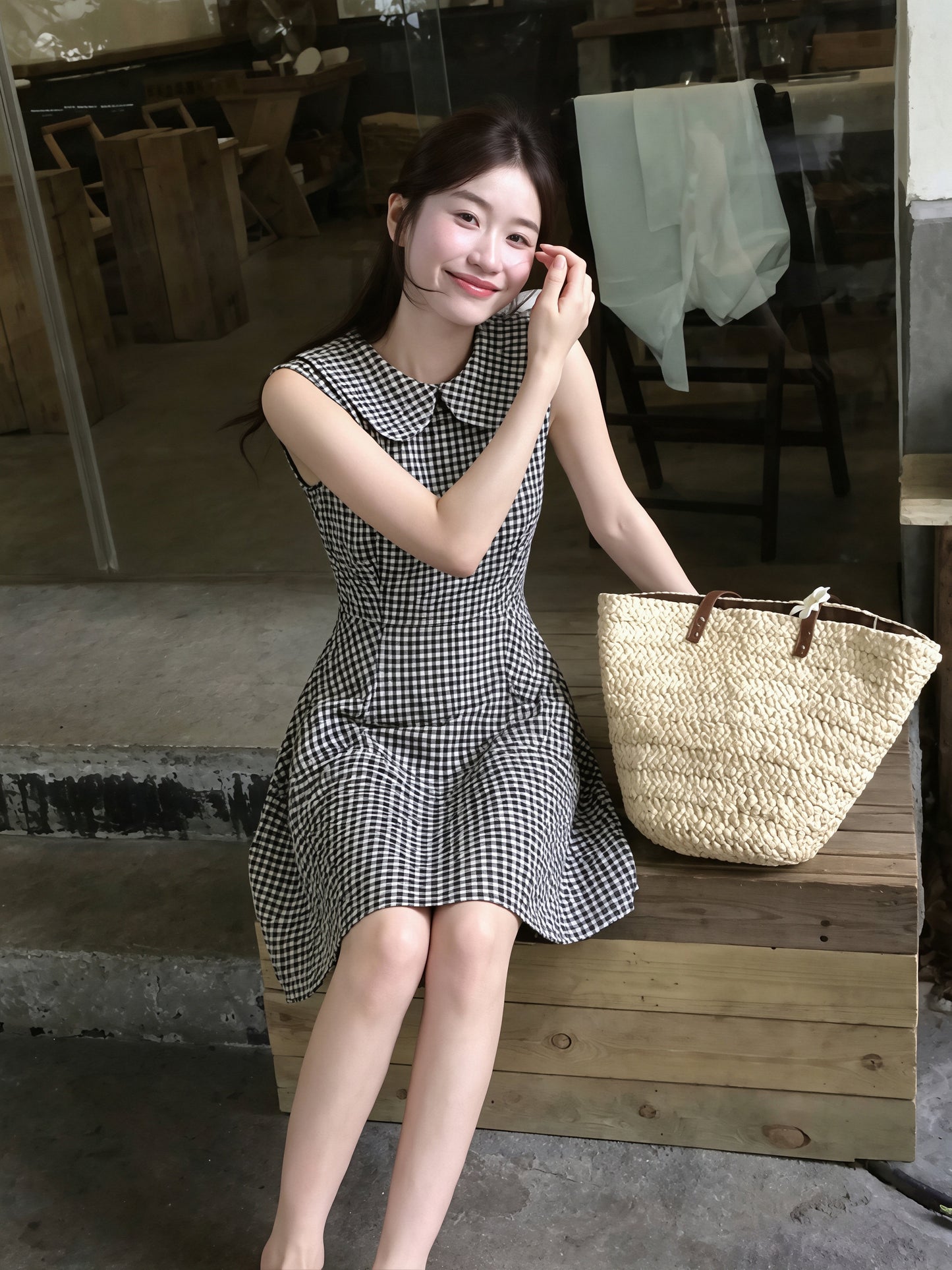 【dress】ピーターパンカラーノースリーブAラインワンピース Q8828