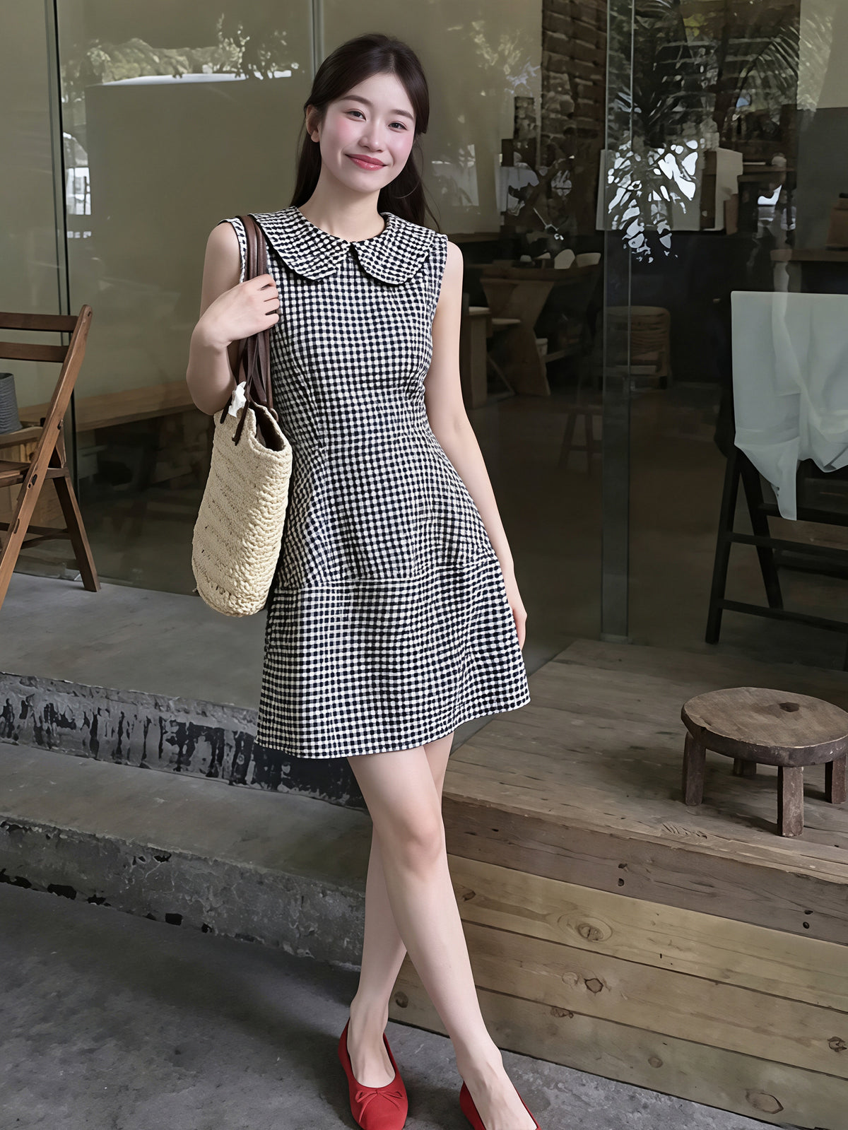 【dress】ピーターパンカラーノースリーブAラインワンピース Q8828