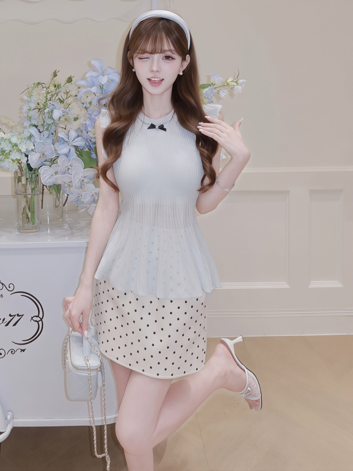 【tops】リボン付きノースリーブトップス Q8759
