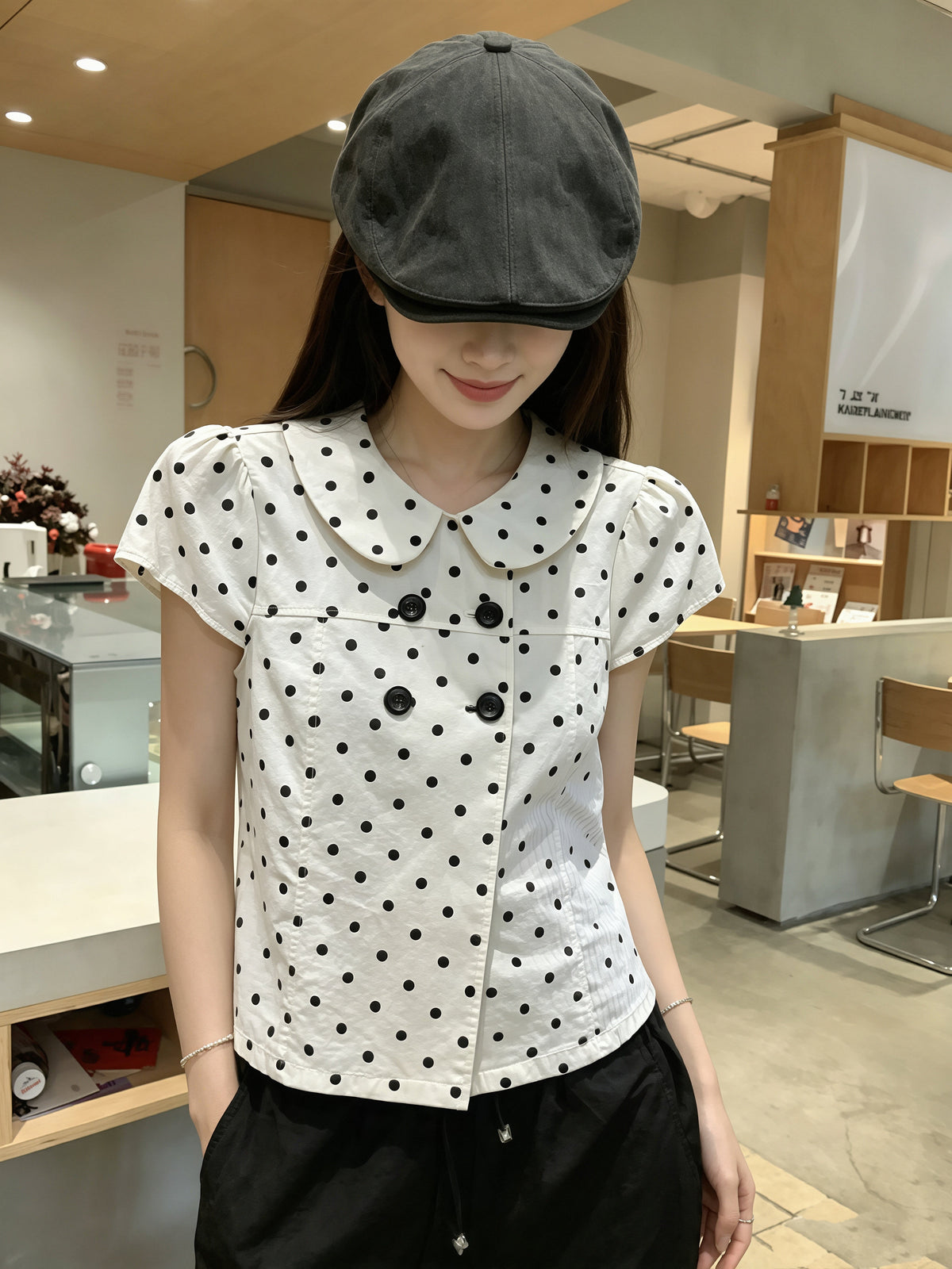 【tops】ドット柄ピーターパンカラートップス Q8858