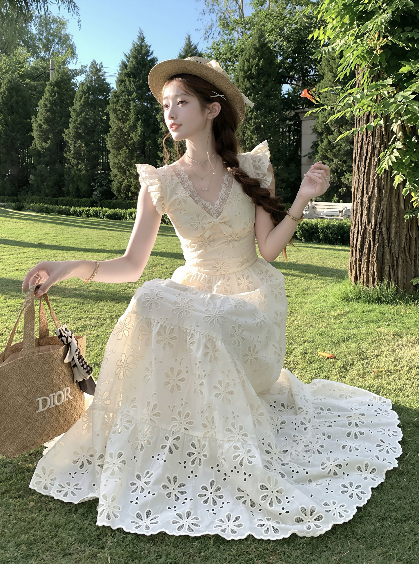 【dress】フラッタースリーブロングレースワンピース Q8819