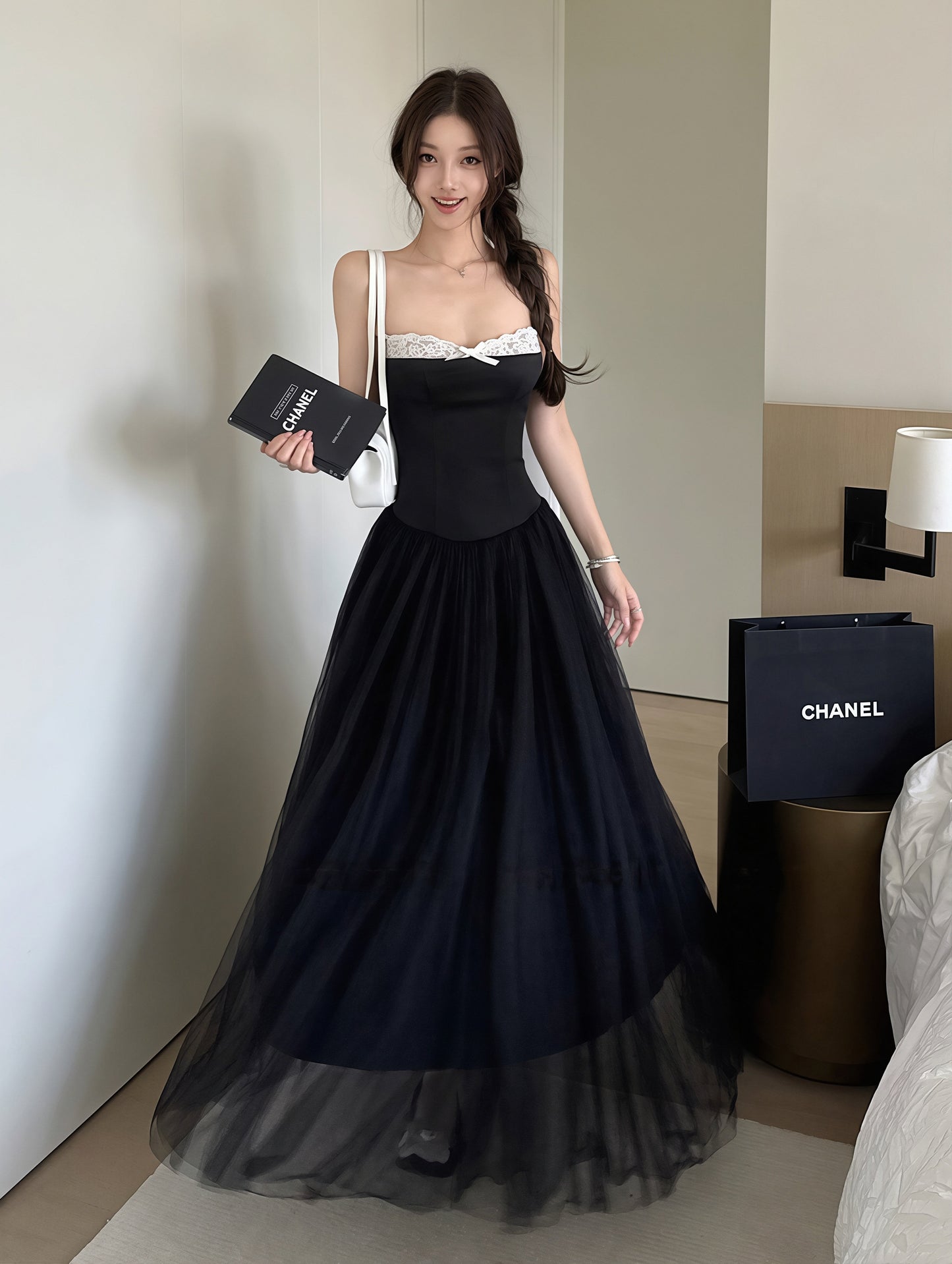 【dress】チュールドッキングAラインロングキャミワンピース Q8867