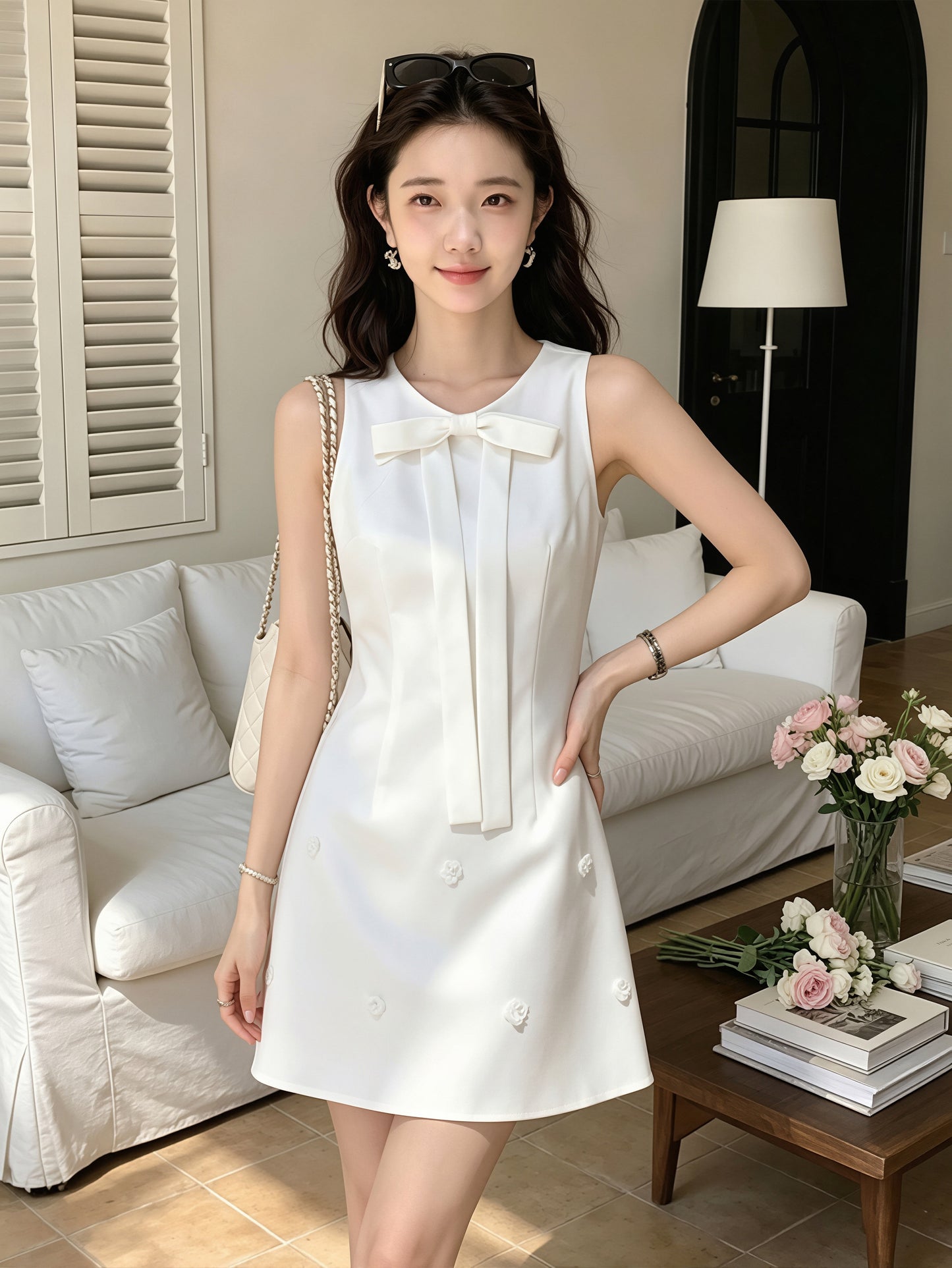 【dress】リボン付きノースリーブワンピース Q8774