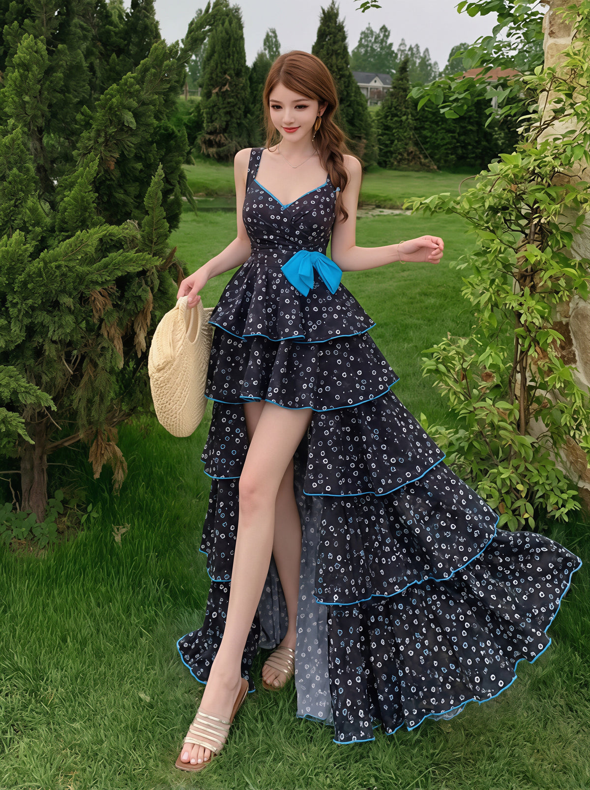 【dress】フラワー柄イレヘムロングキャミワンピース Q8851