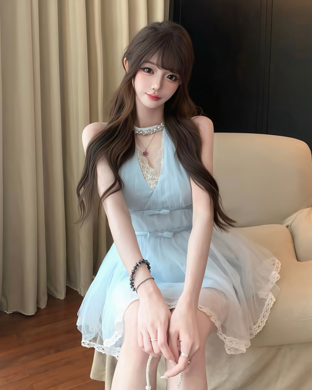 【dress】ラインストーン付きレースドッキングワンピース Q8935