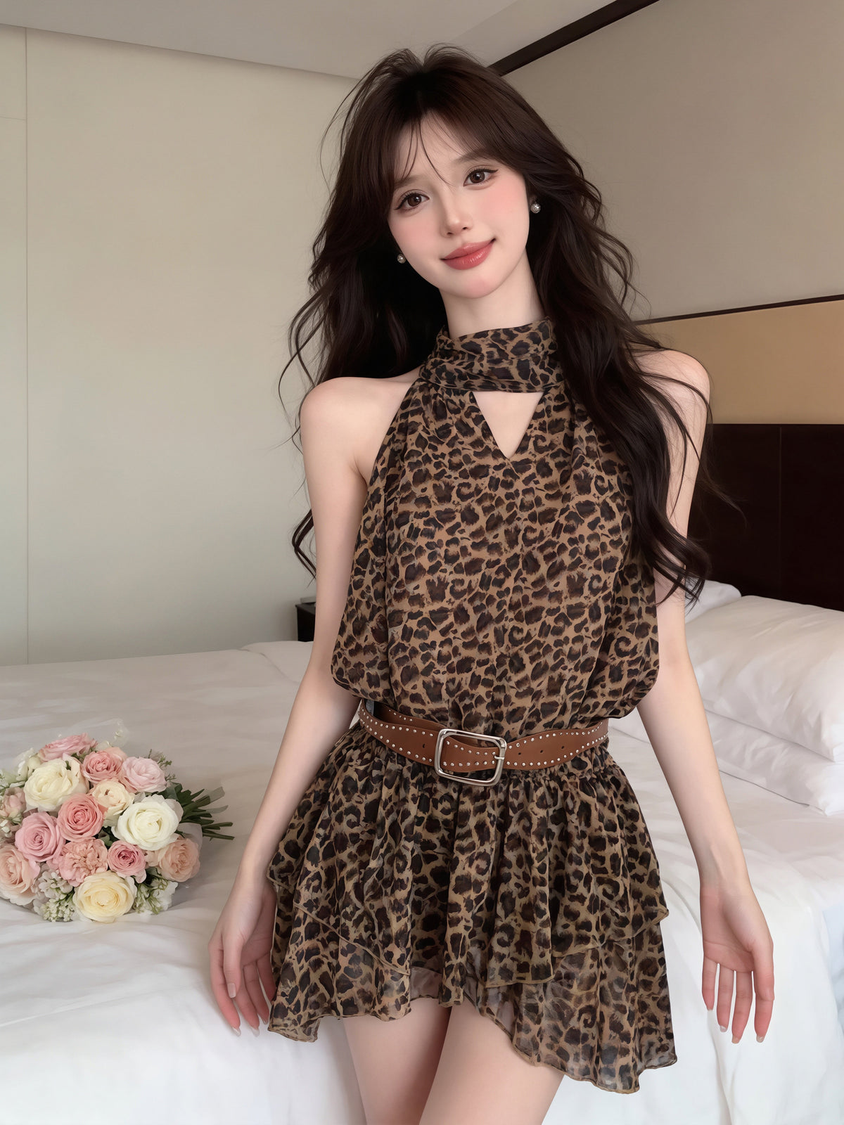 【dress】ノースリーブヒョウ柄ワンピース Q8897