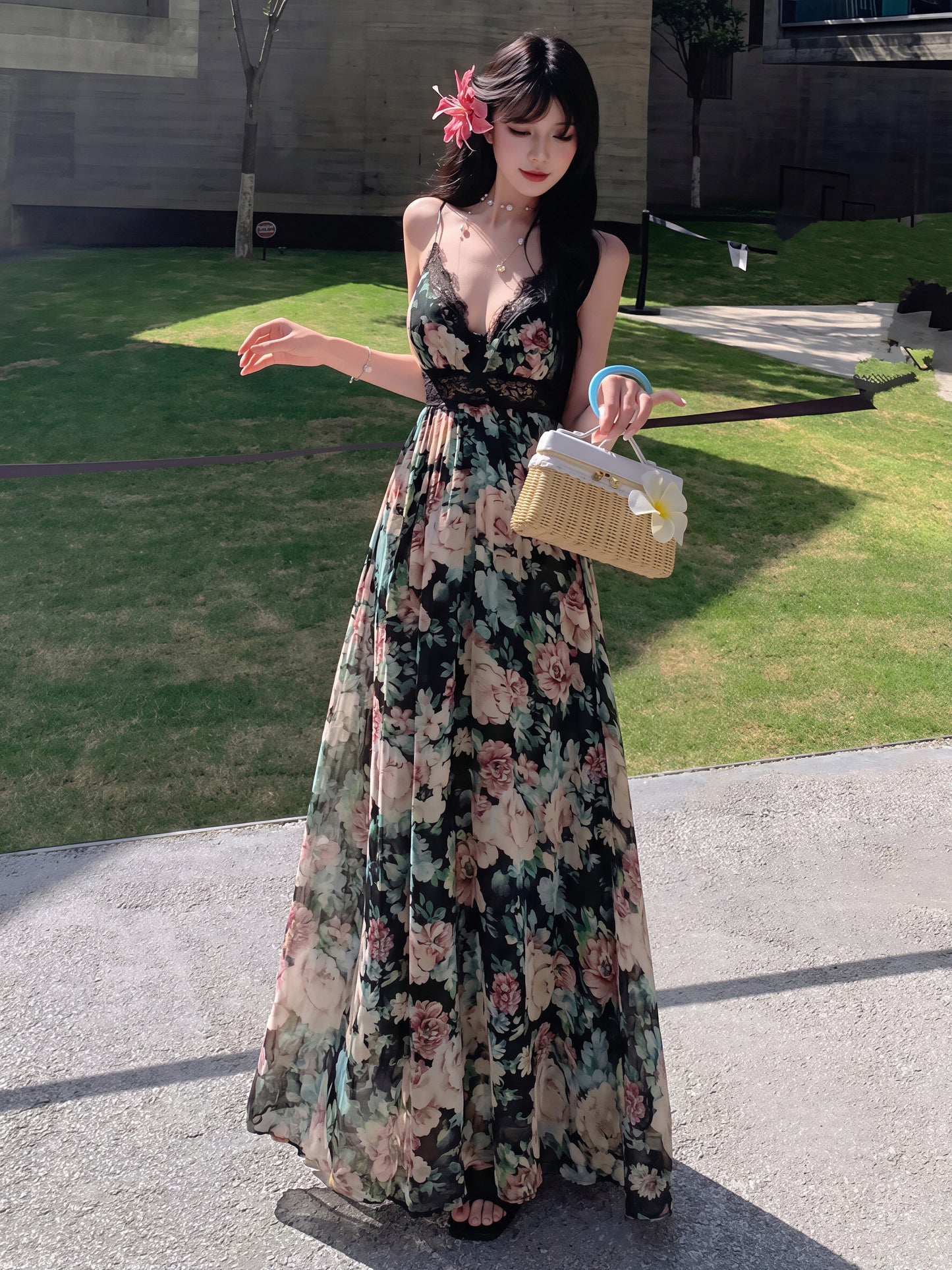【dress】フラワー柄レースドッキングロングキャミワンピース Q8728