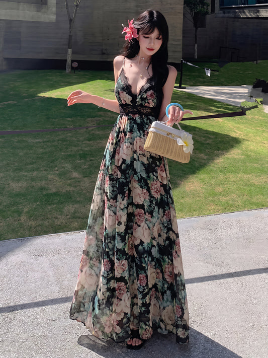 【dress】フラワー柄レースドッキングロングキャミワンピース Q8728