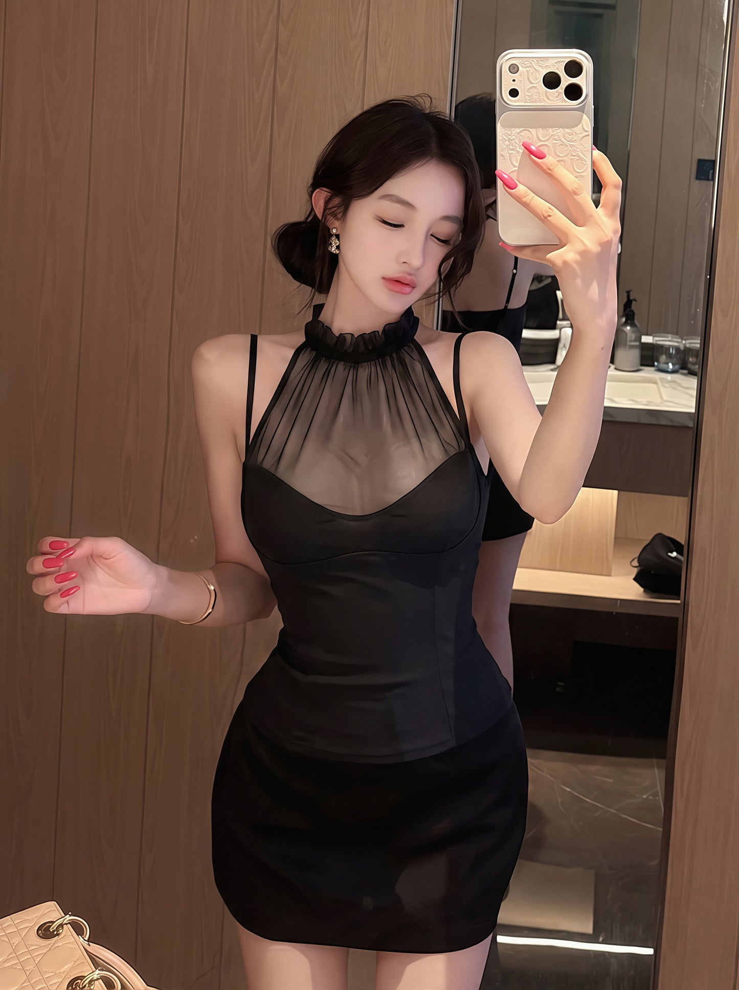 【tops】チュールドッキングホルターネックトップス Q8785