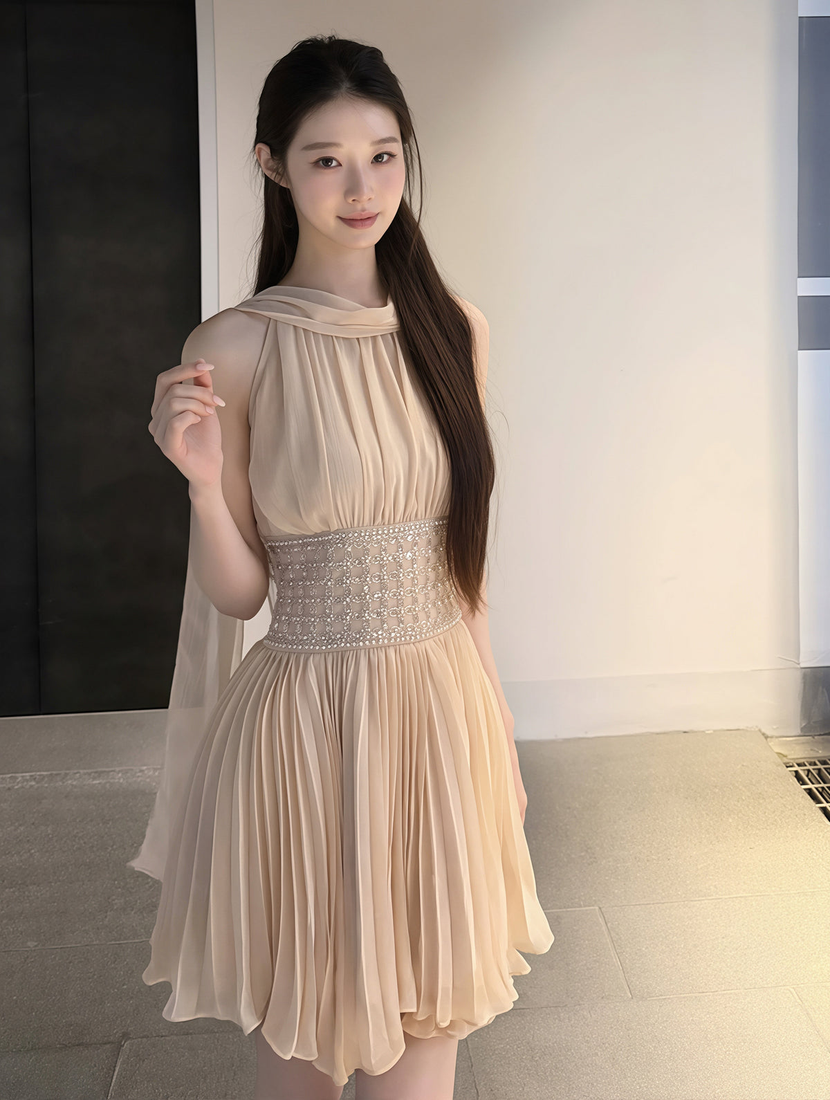 【dress】 ラインストーン付きスカーフネックワンピース Q8885