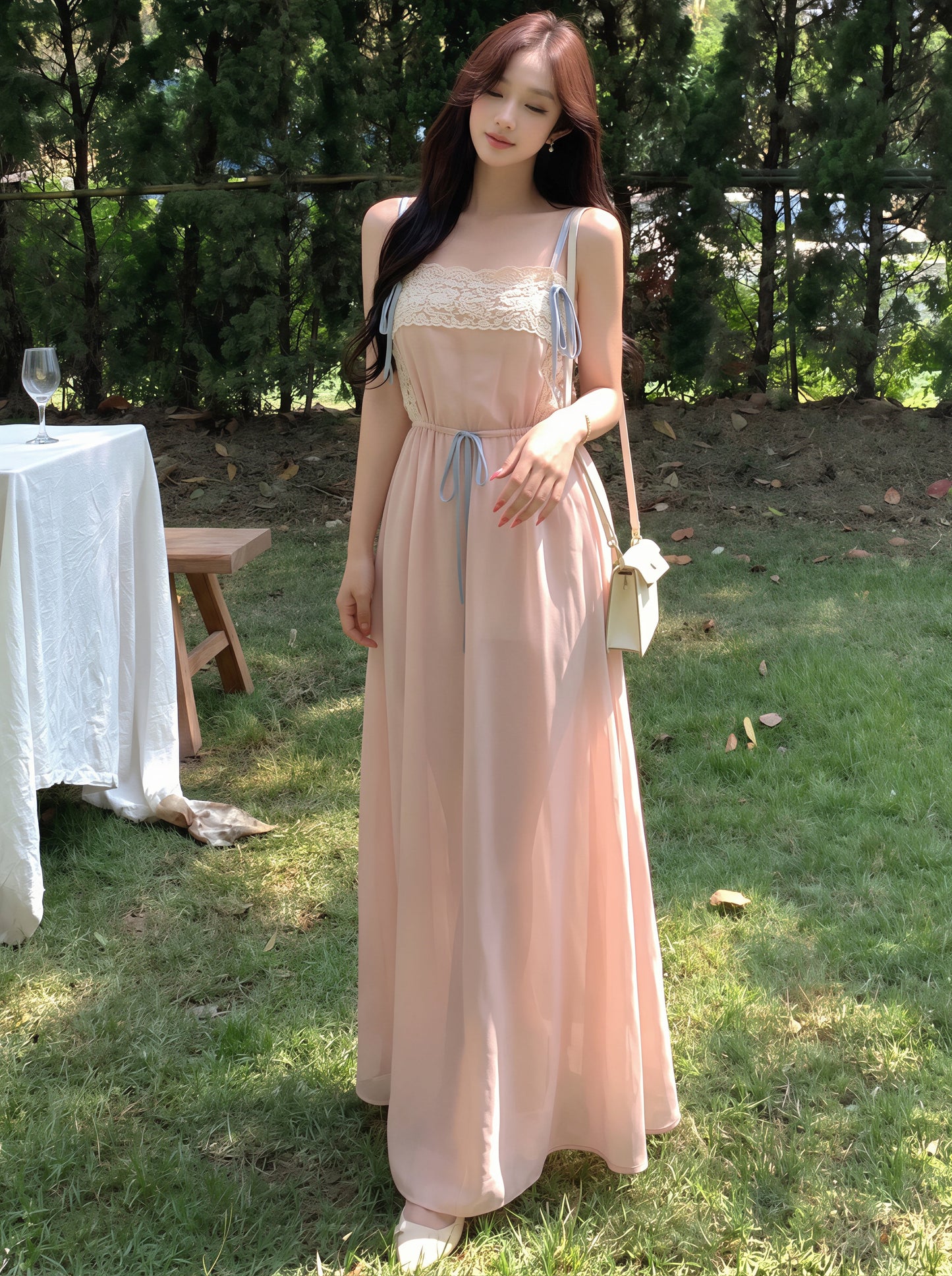 【dress】レースドッキングシフォンロングキャミワンピース Q8781