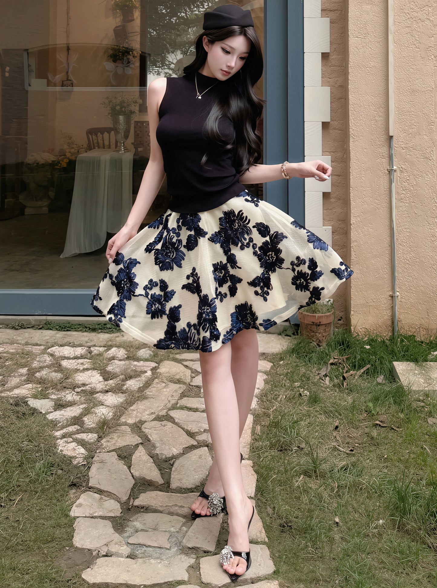 【set】ノースリーブトップス×刺繡フラワー柄スカートセット Q8825