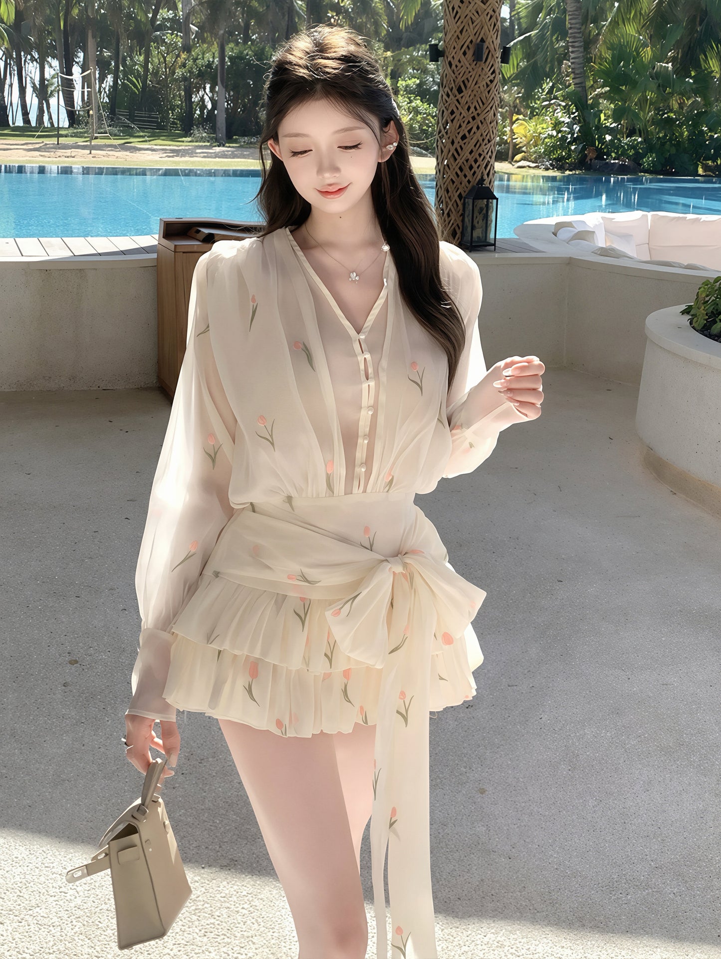 【dress】バックオーポン刺繡フラワーティアードワンピース Q8874