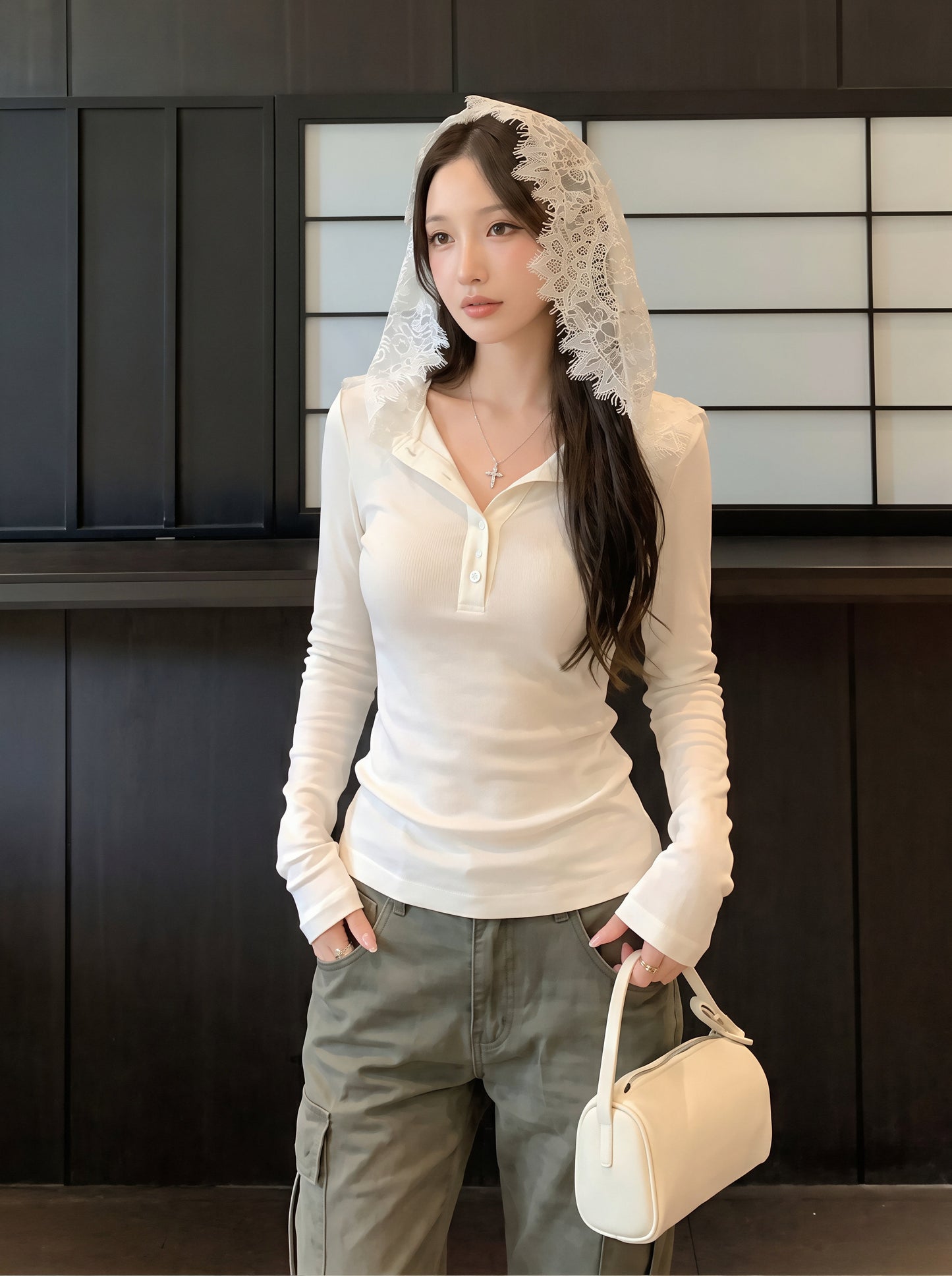 【tops】レースフード付きTシャツ Q8838