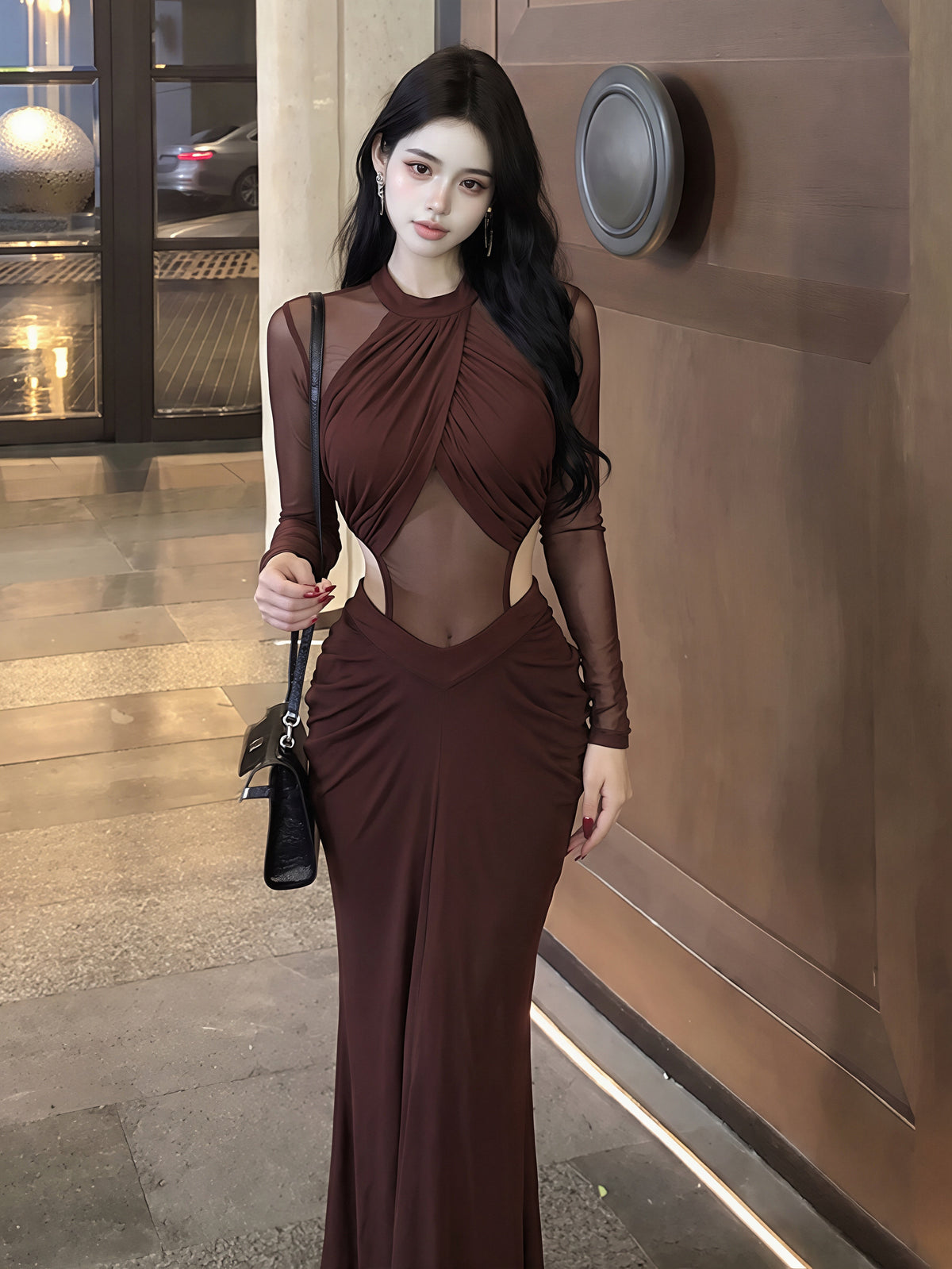 【dress】チュールドッキングウエストカットロングワンピース Q8831