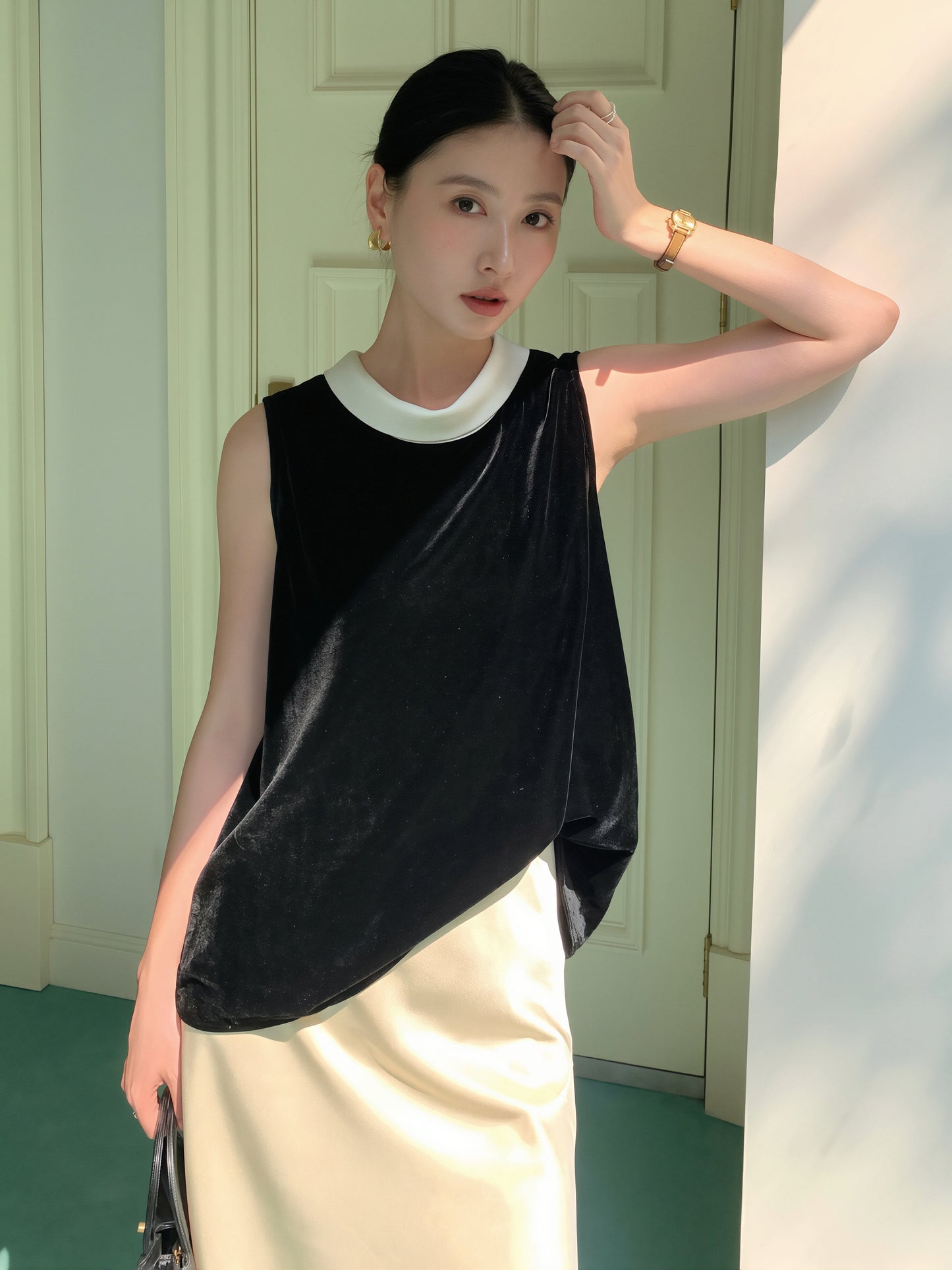 【tops】ベルベットノースリーブ配色トップス Q8751
