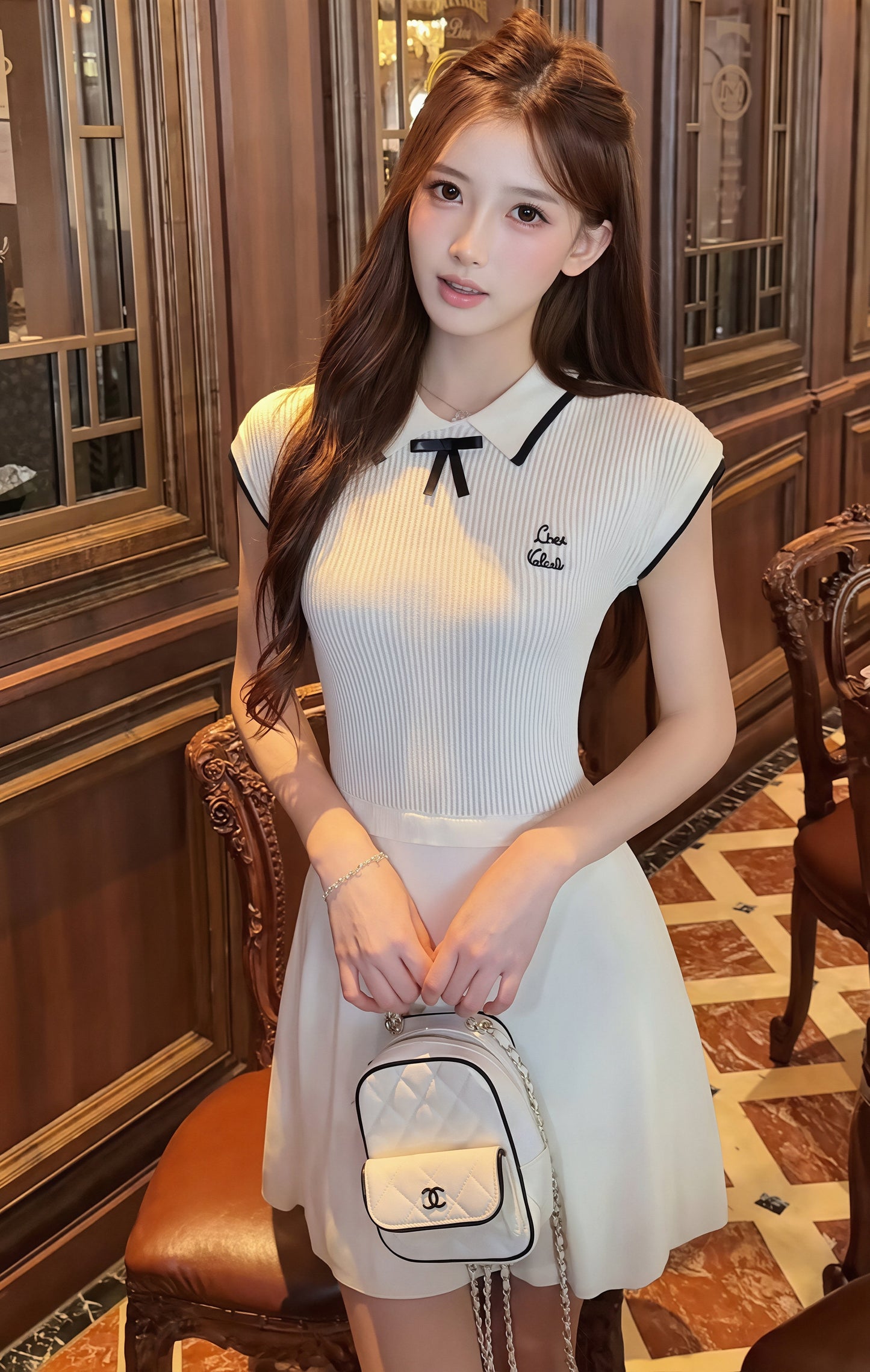 【dress】リボン付き折り襟ワンピース Q8758
