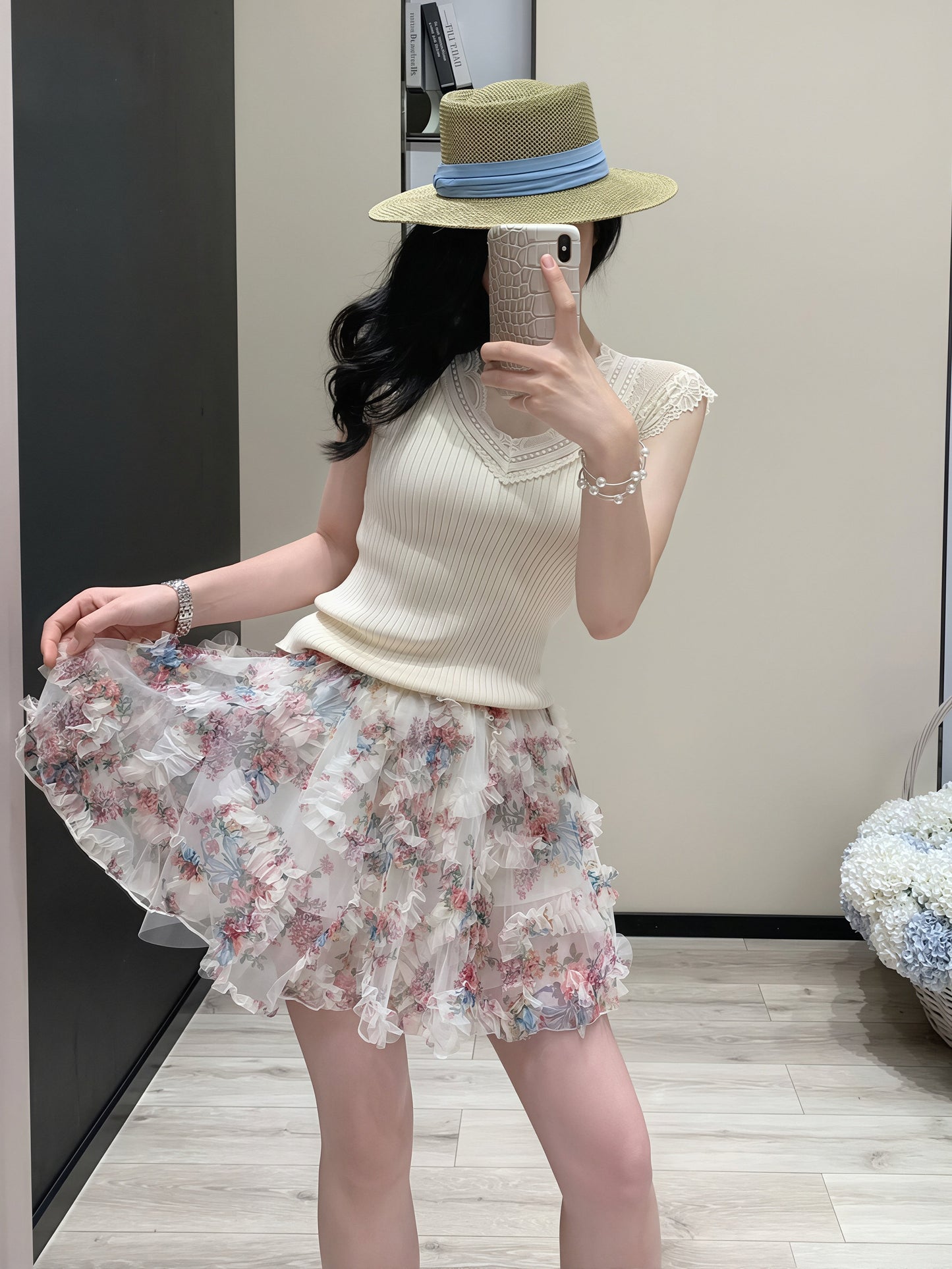 【set】レースドッキングトップス×フラワー柄スカートセット Q8816
