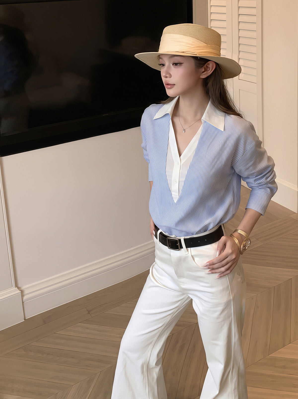 【tops】ストライプ柄フェイクレイヤードトップス Q8784