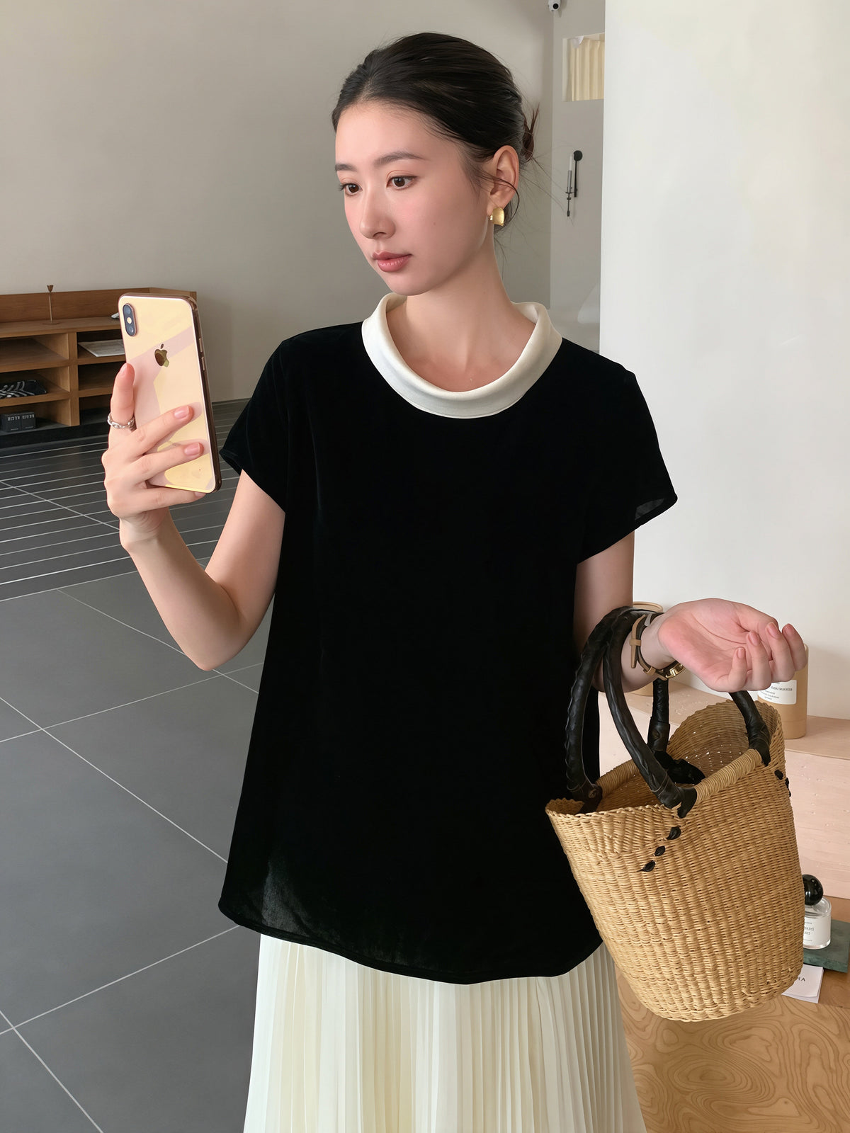【tops】ベルベット半袖配色トップス Q8752