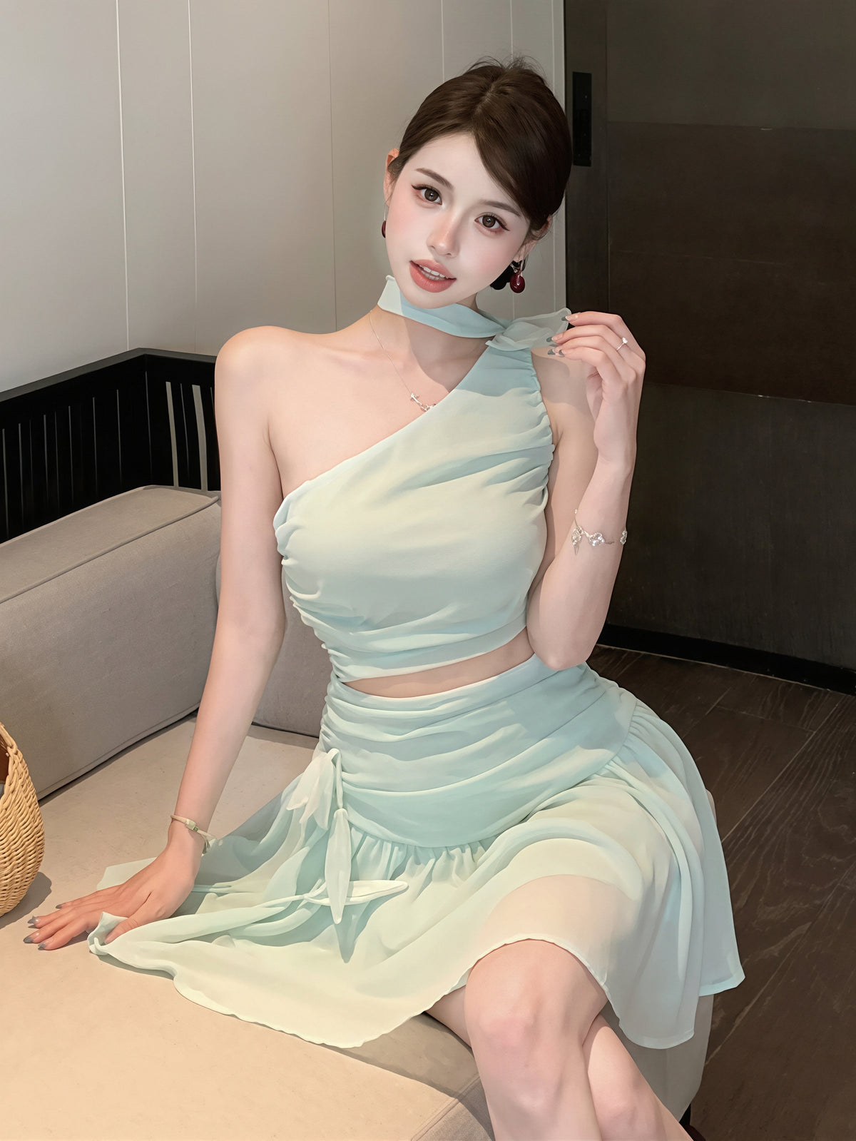 【dress】ワンショルダー腰カットシフォンワンピース Q8718
