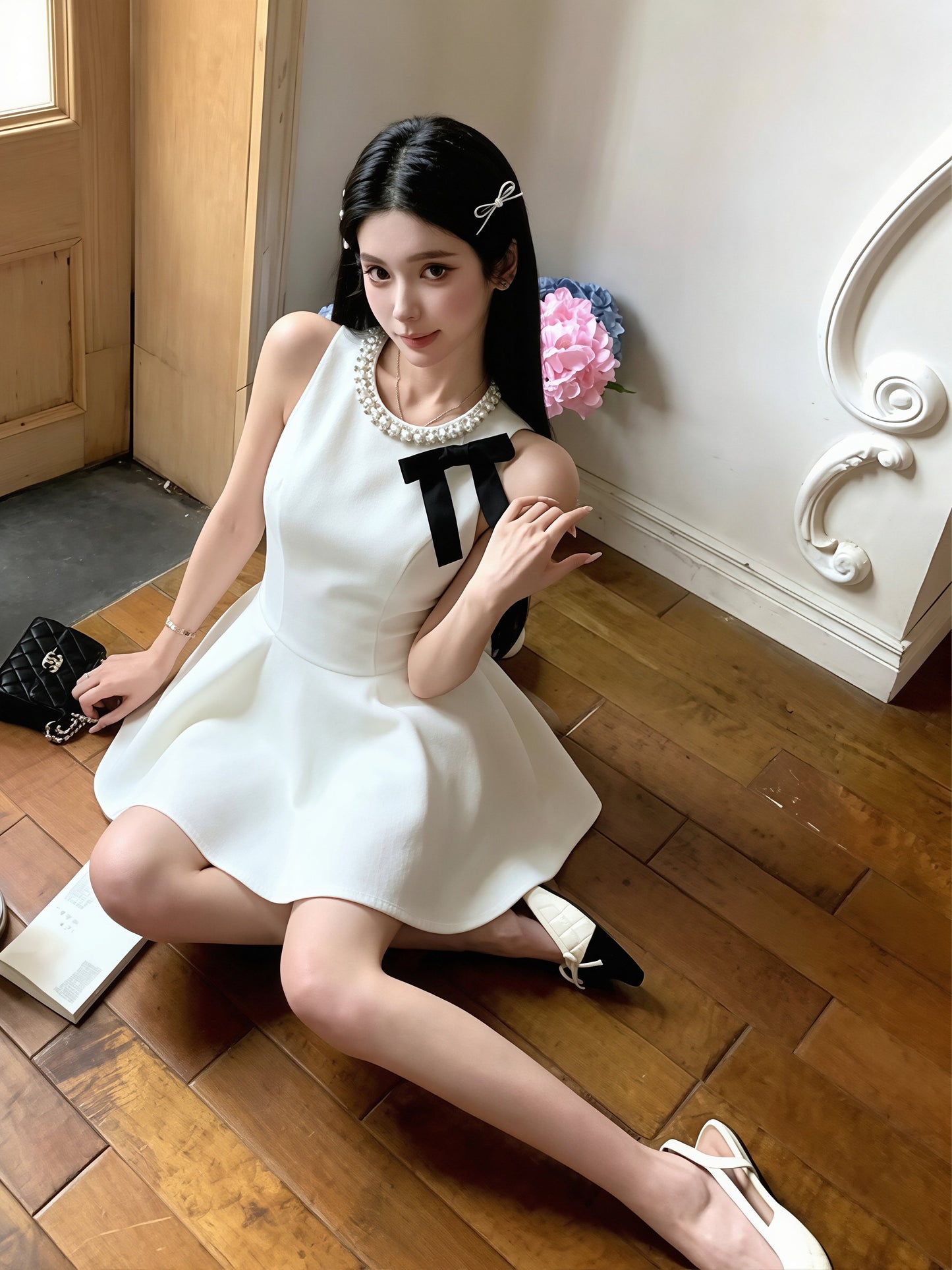 【dress】リボン付きノースリーブAラインワンピース Q8753