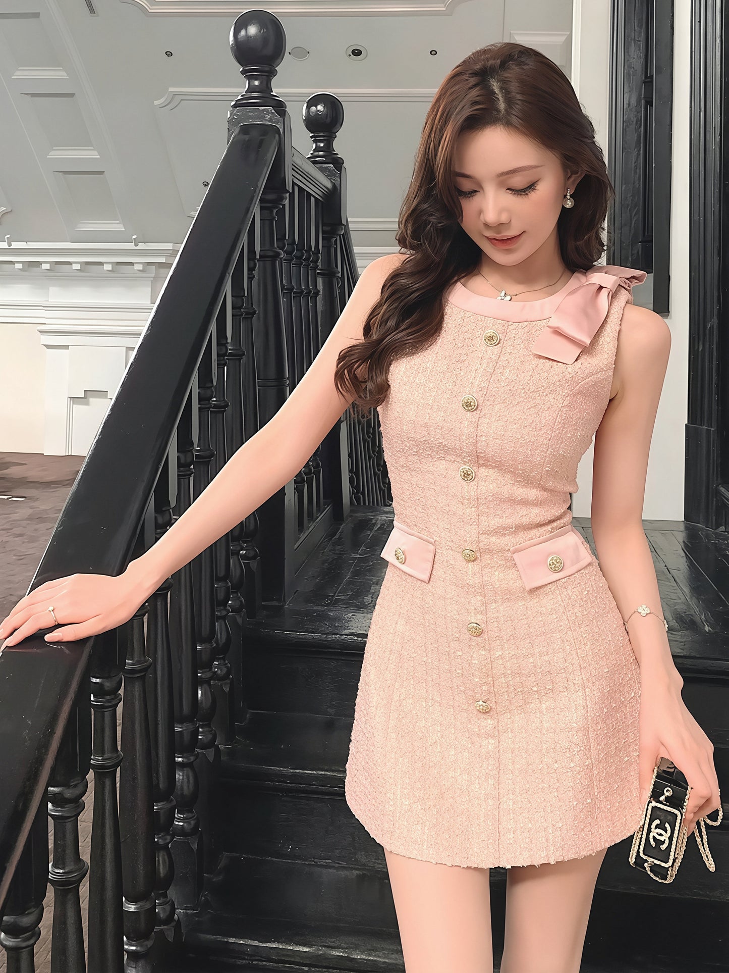 【dress】リボン付きノースリーブワンピース Q8817