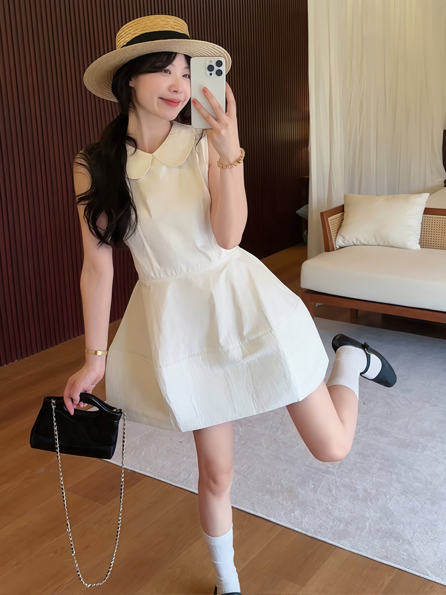 【dress】ピーターパンカラーノースリーブAラインワンピース Q8828