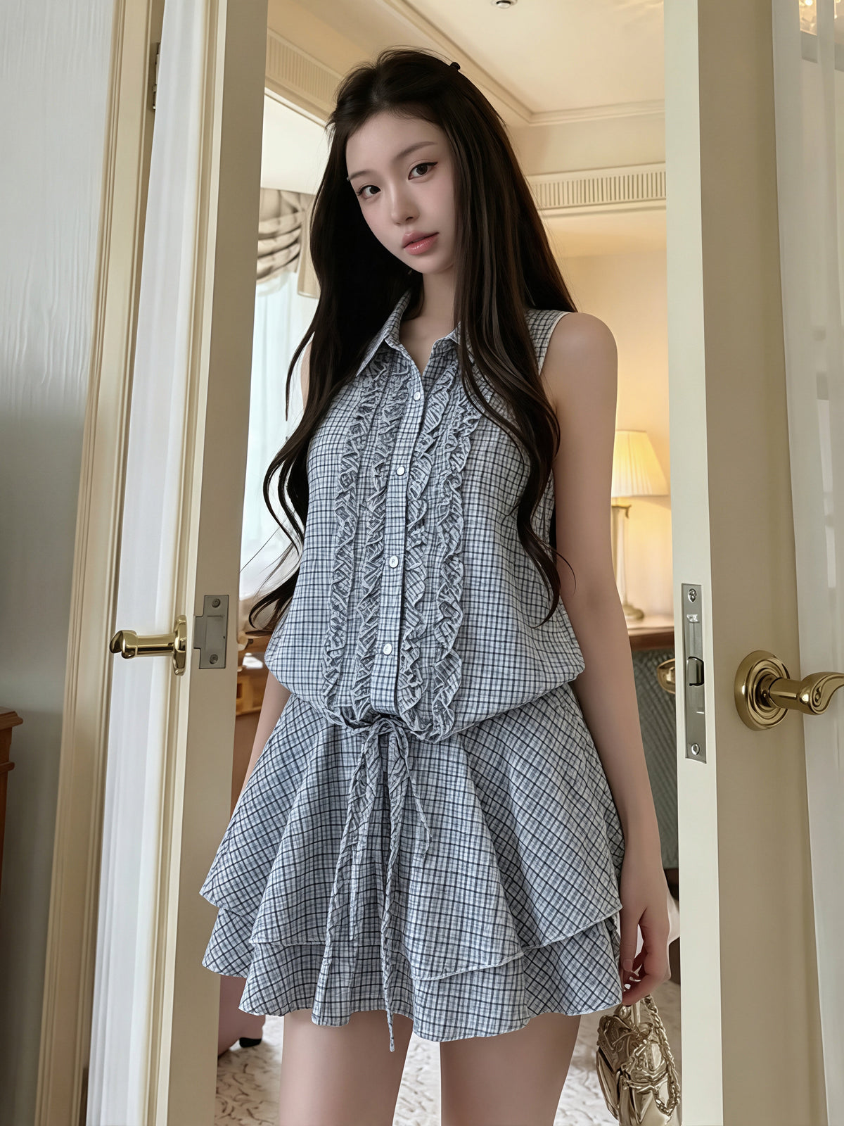 【dress】ギャザーフリルノースリーブワンピース Q8821
