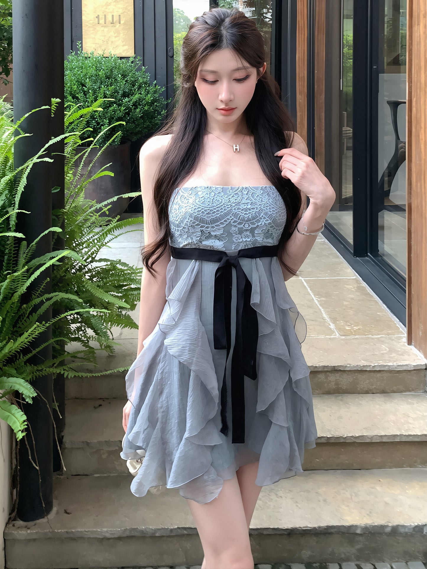 【dress】レースドッキングミニキャミワンピース Q8866