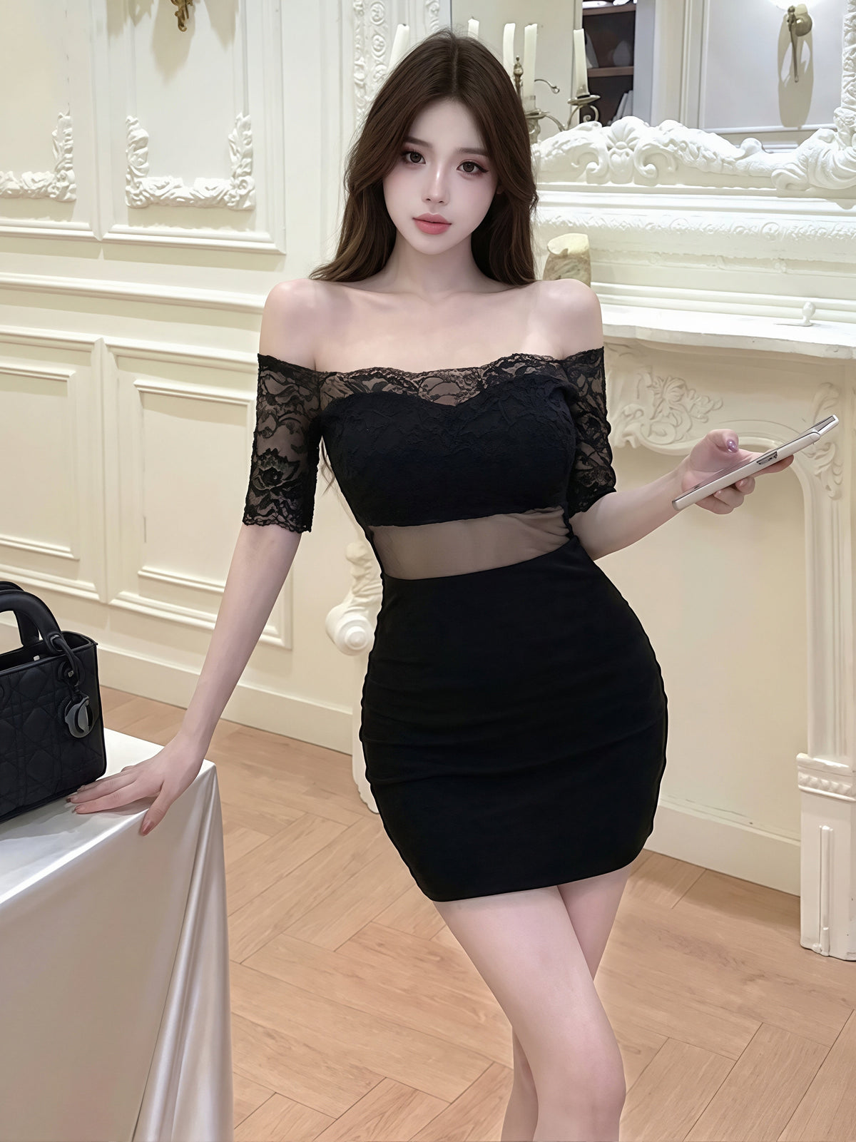 【dress】オフショルダーレースドッキングミニワンピース Q8861