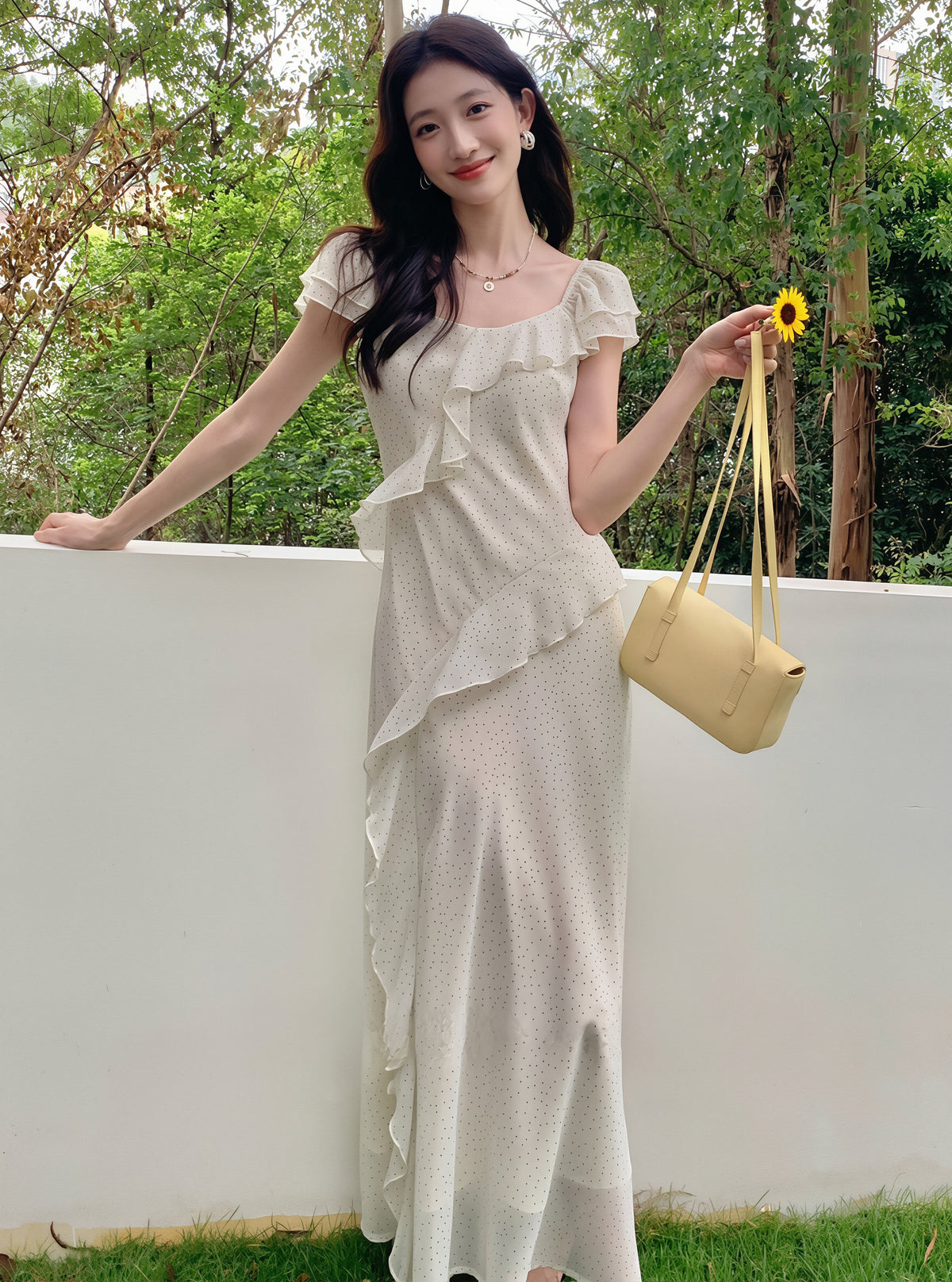 【dress】ドット柄フリルロングワンピース Q8766