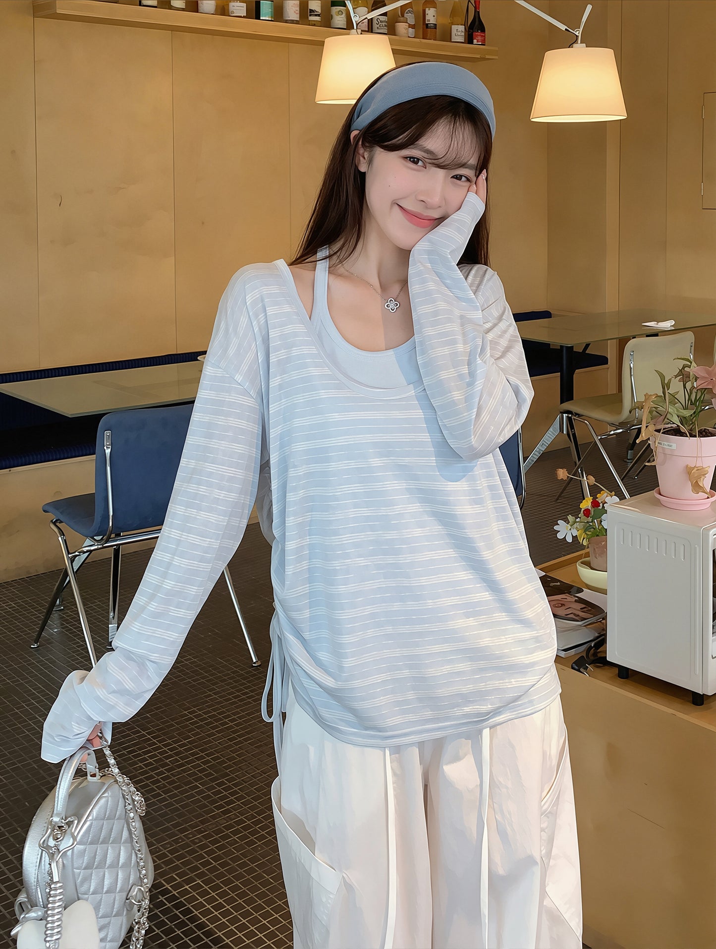 【set】ボーダー柄トップス×キャミソールセット Q8862