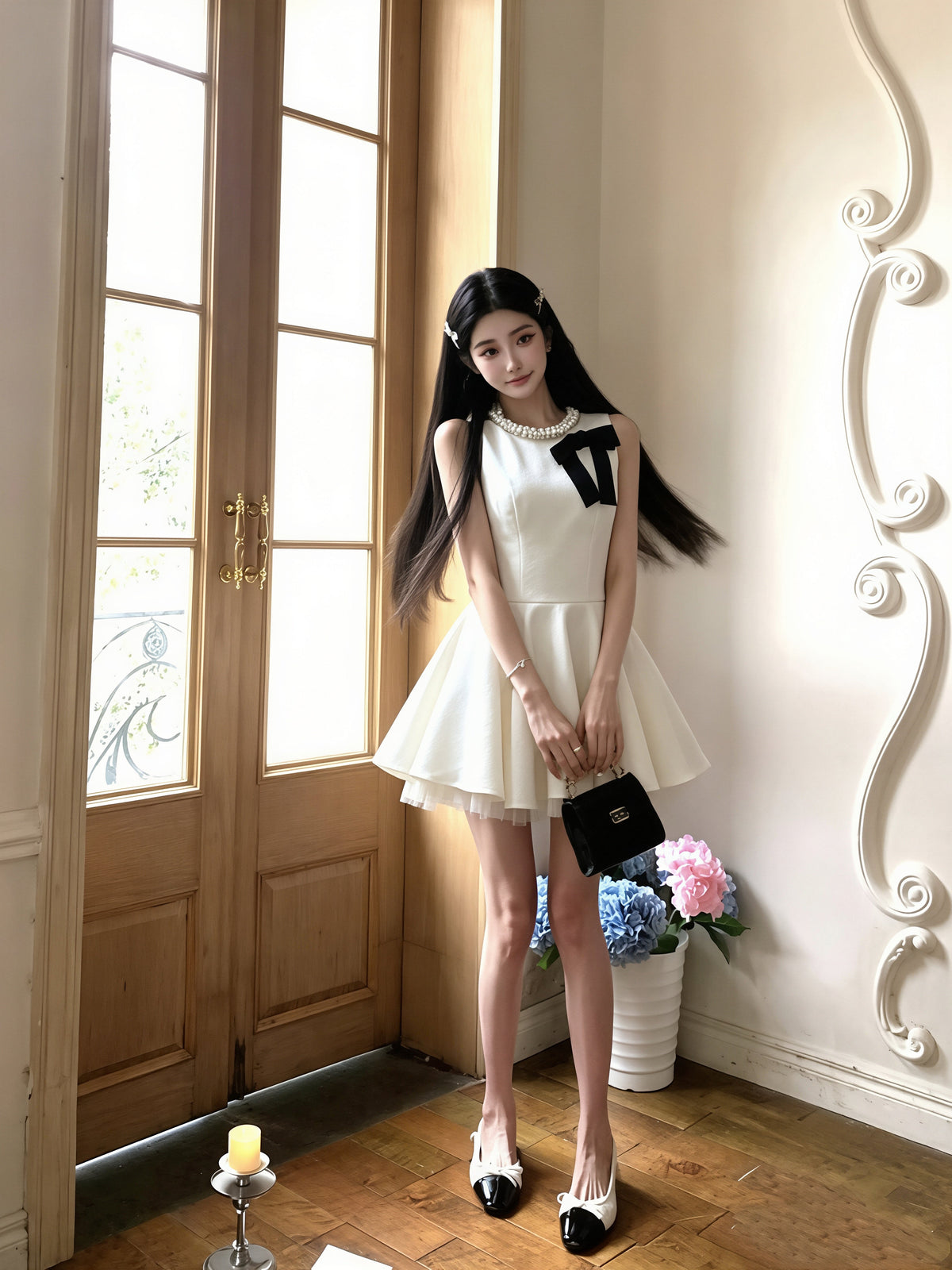【dress】リボン付きノースリーブAラインワンピース Q8753