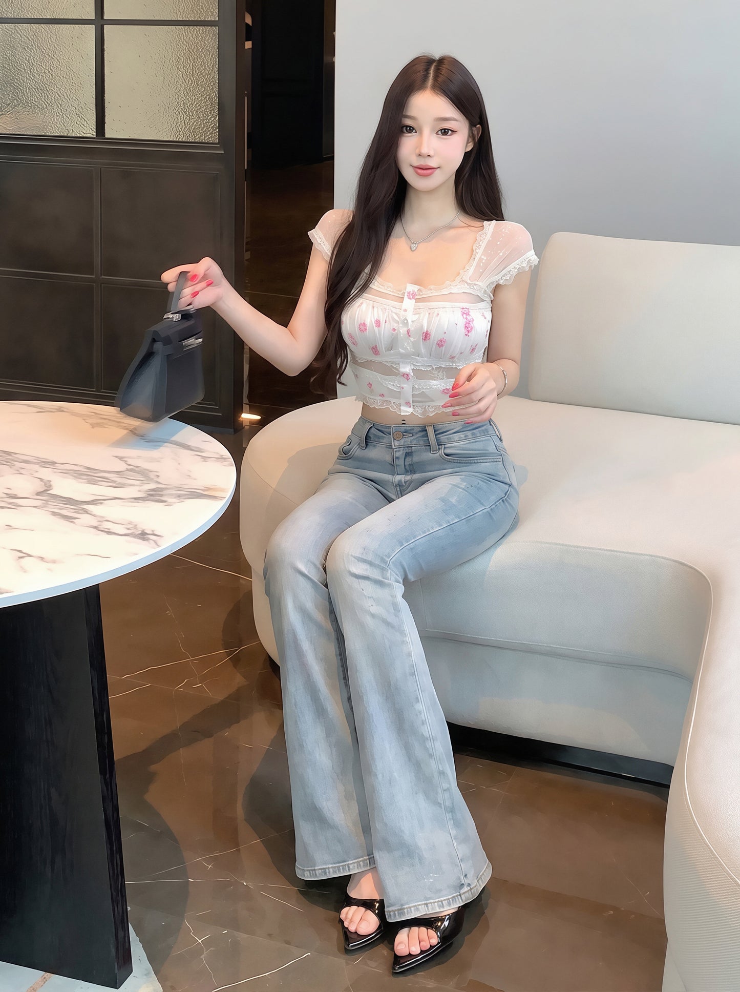 【tops】フラワー柄レースドッキングトップス Q8727