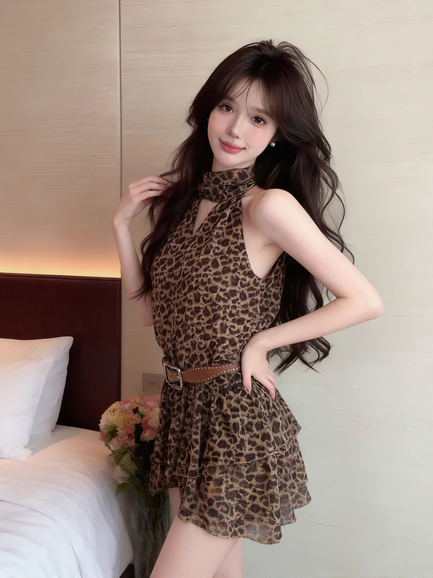 【dress】ノースリーブヒョウ柄ワンピース Q8897