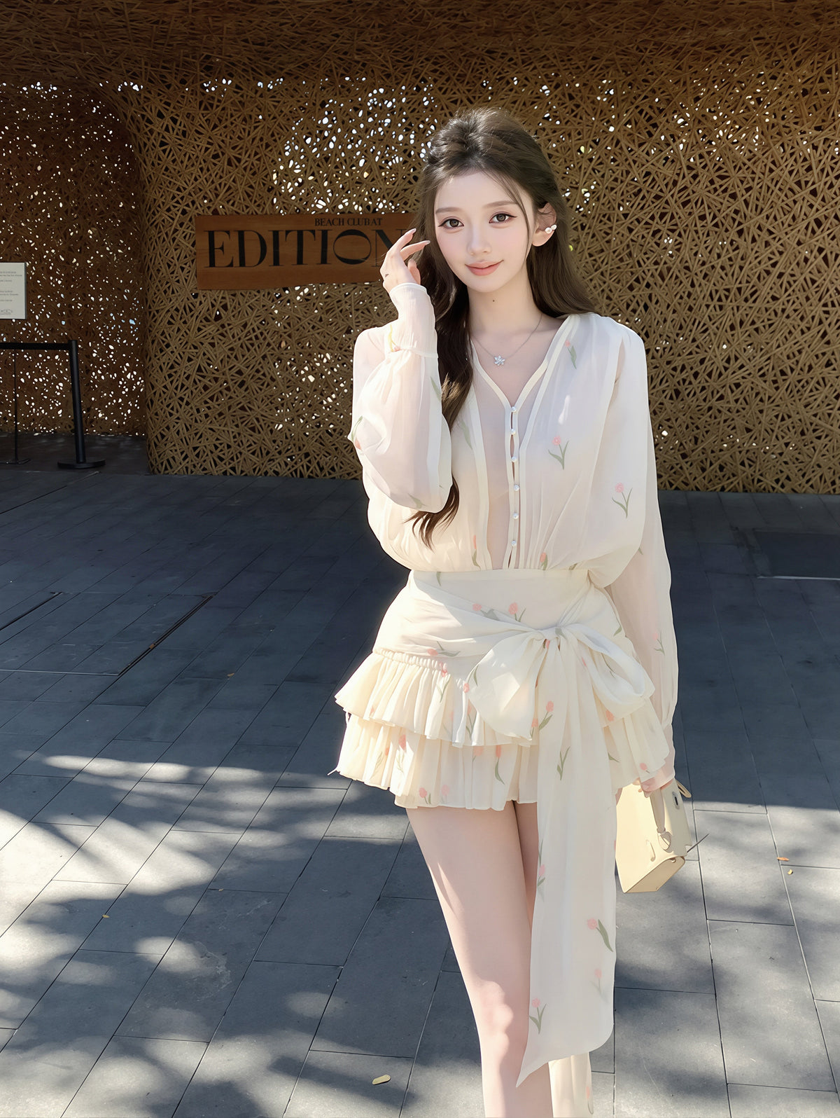 【dress】バックオーポン刺繡フラワーティアードワンピース Q8874