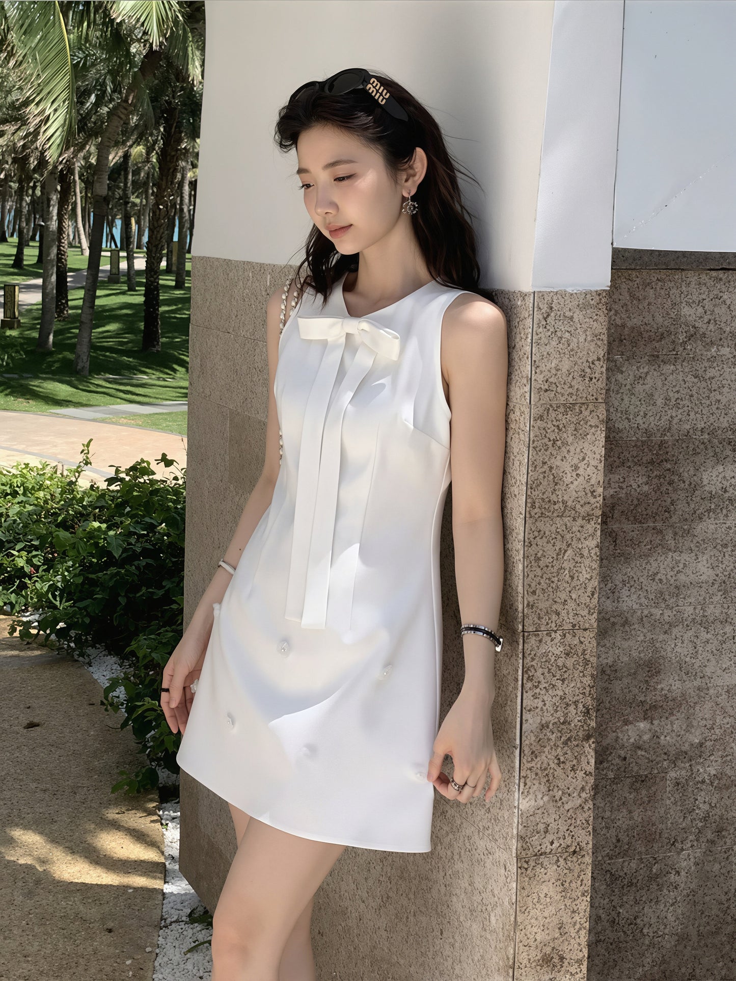 【dress】リボン付きノースリーブワンピース Q8774