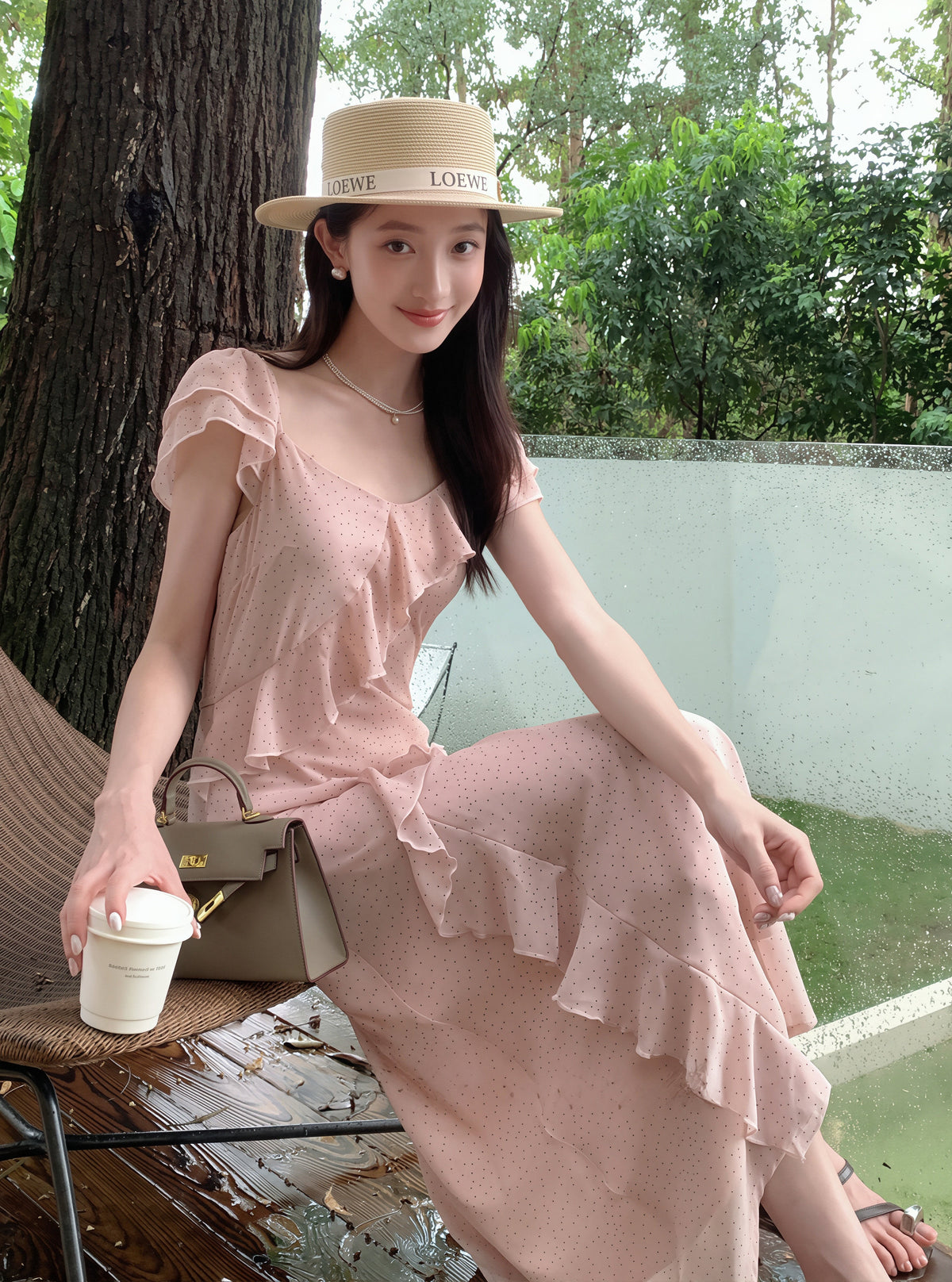 【dress】ドット柄フリルロングワンピース Q8766