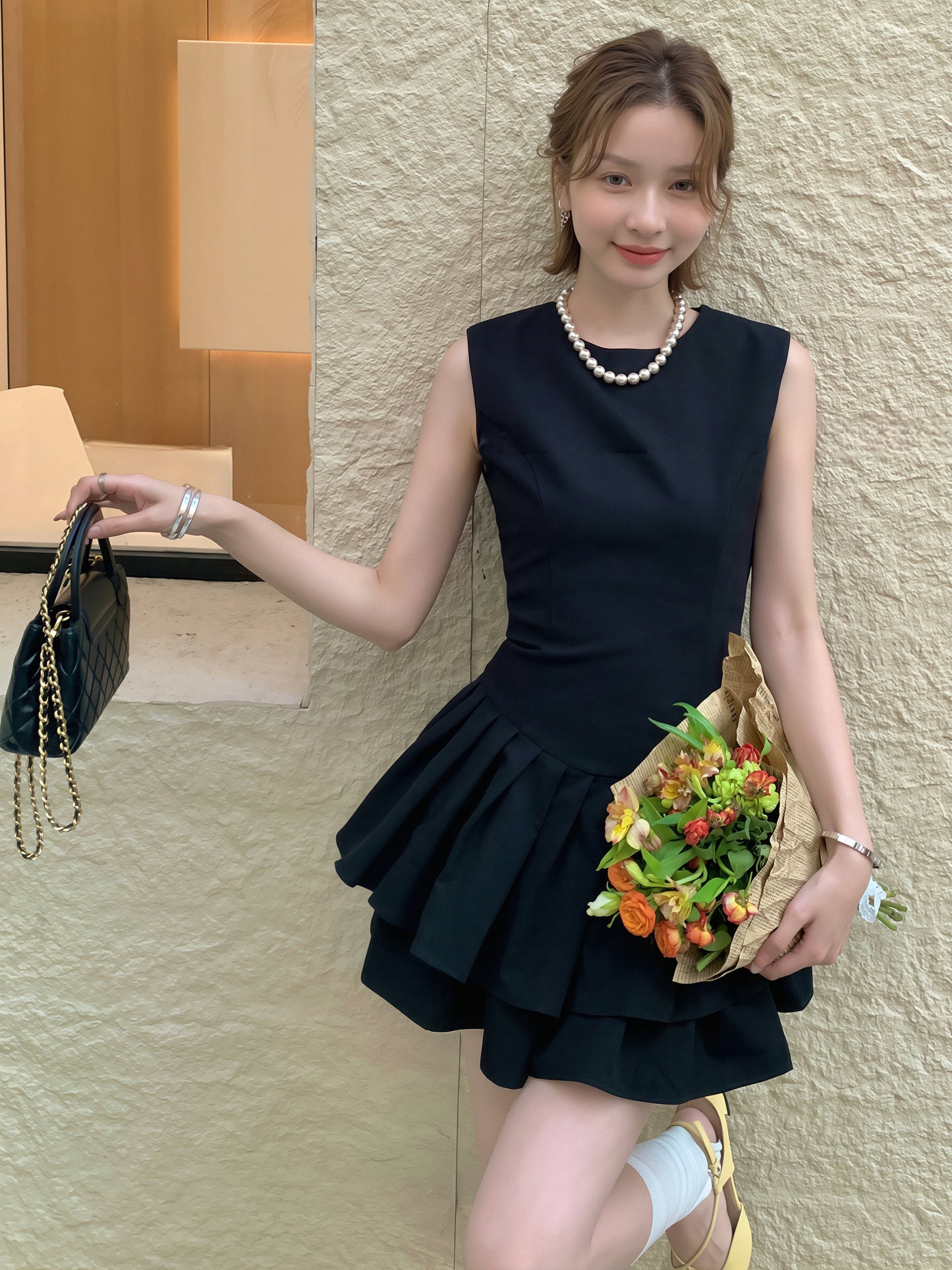 【dress】ノースリーブAラインティアードワンピース Q8812