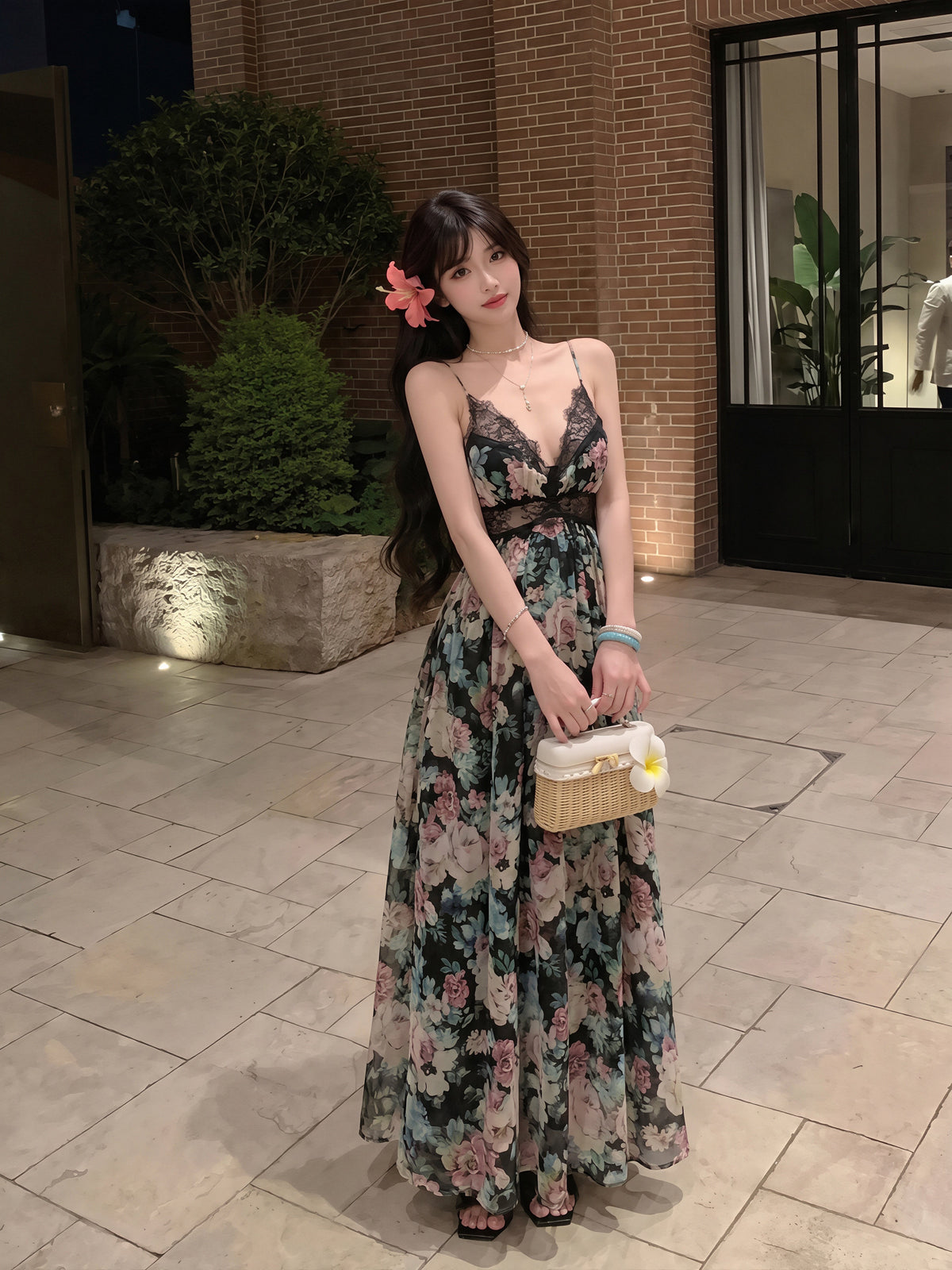 【dress】フラワー柄レースドッキングロングキャミワンピース Q8728